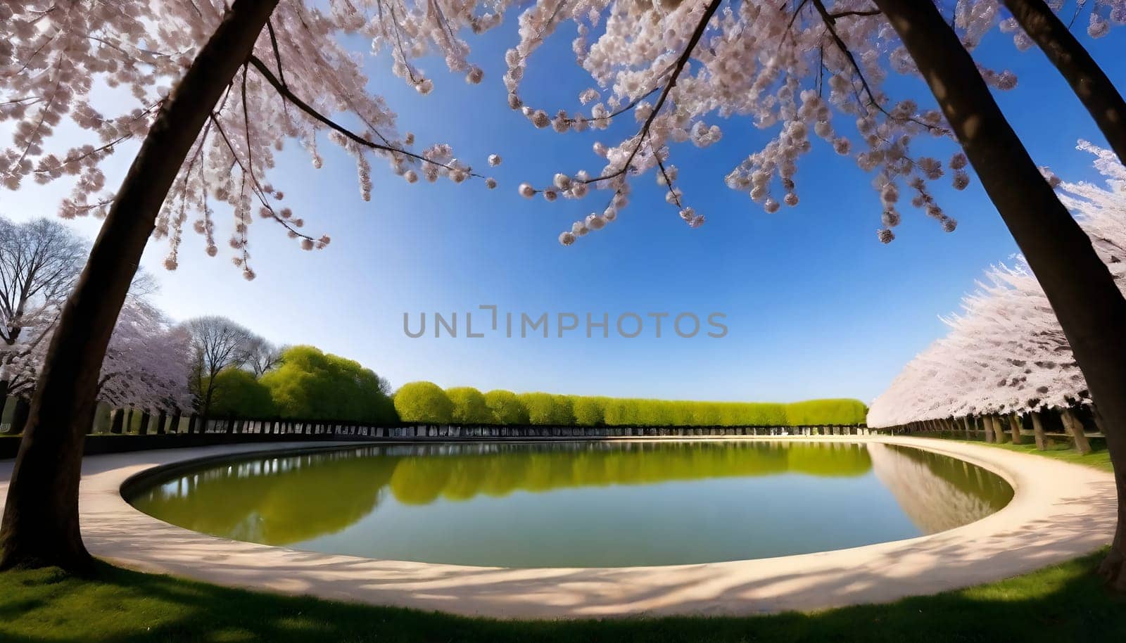 AI generated of a row of cherry trees with the sky in the background