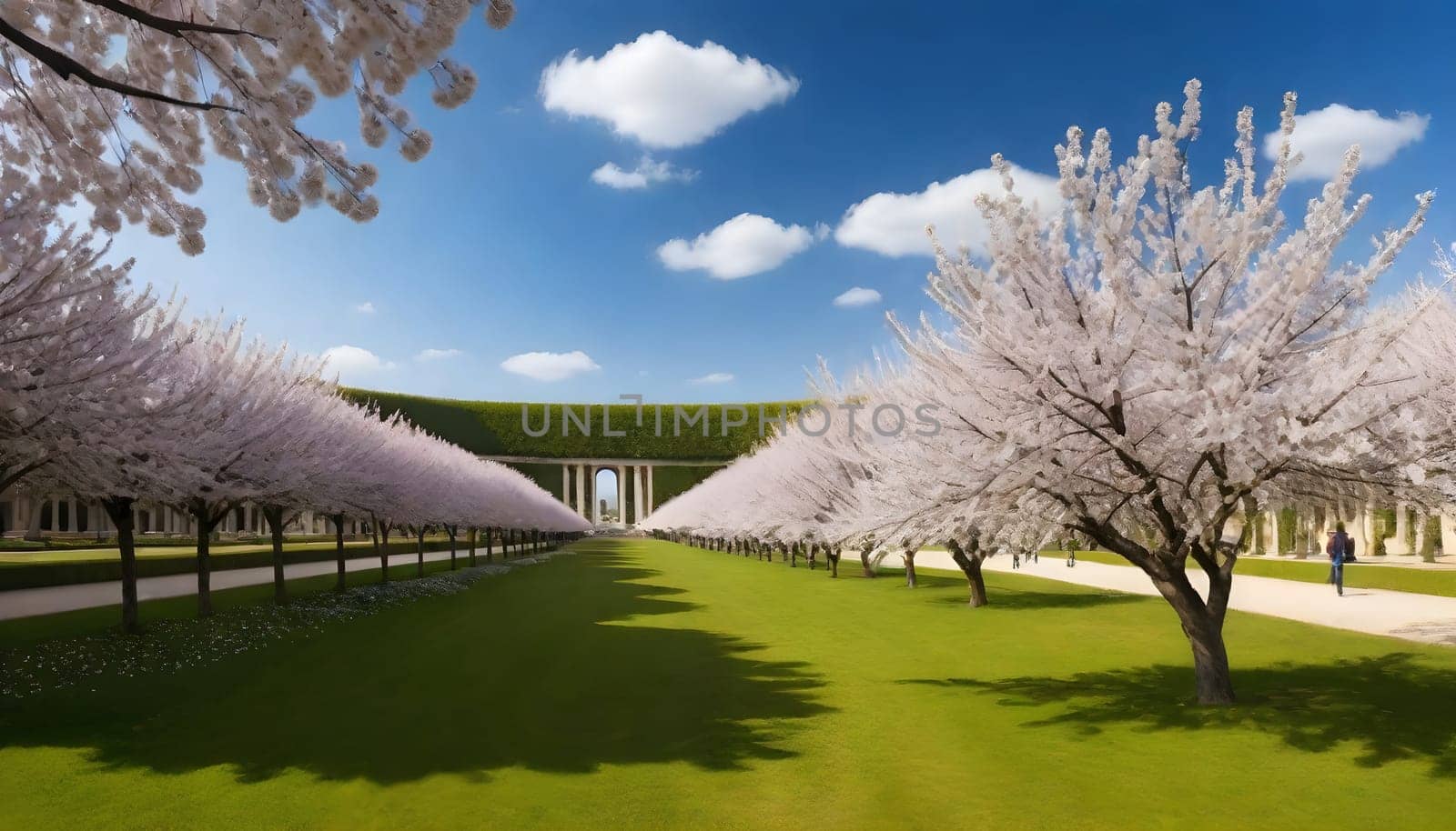 AI generated of a row of cherry trees with the sky in the background