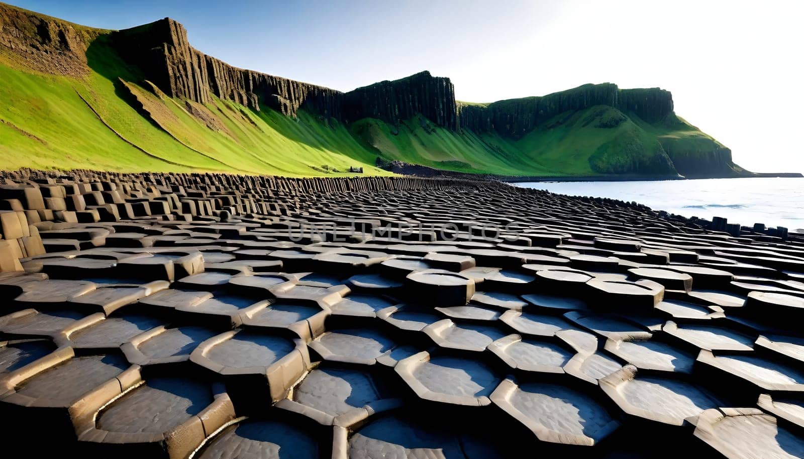AI generated of Giant Causeway in Northern Ireland, a pile of rocks that are on a beach