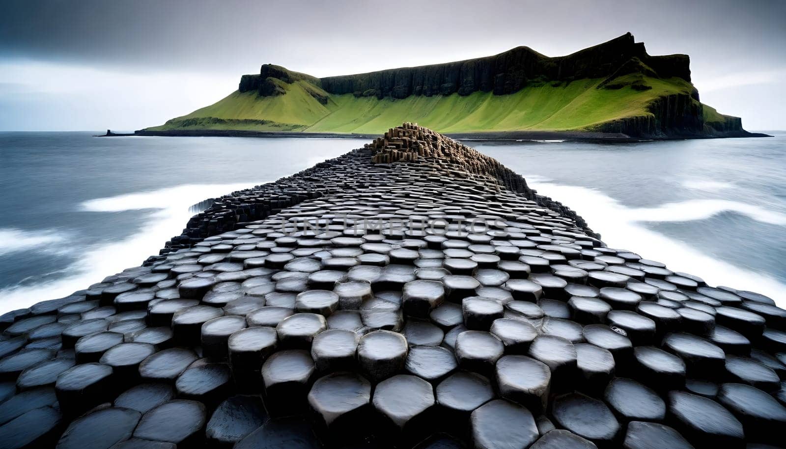 AI generated of Giant Causeway in Northern Ireland, a pile of rocks that are on a beach