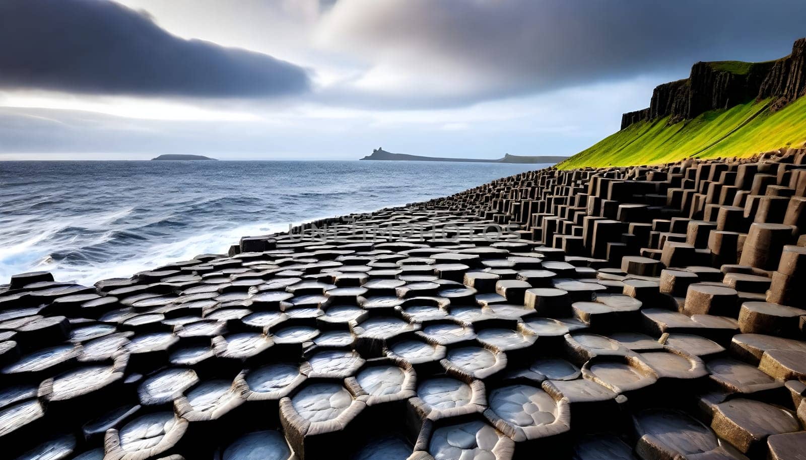 AI generated of Giant Causeway in Northern Ireland, a pile of rocks that are on a beach