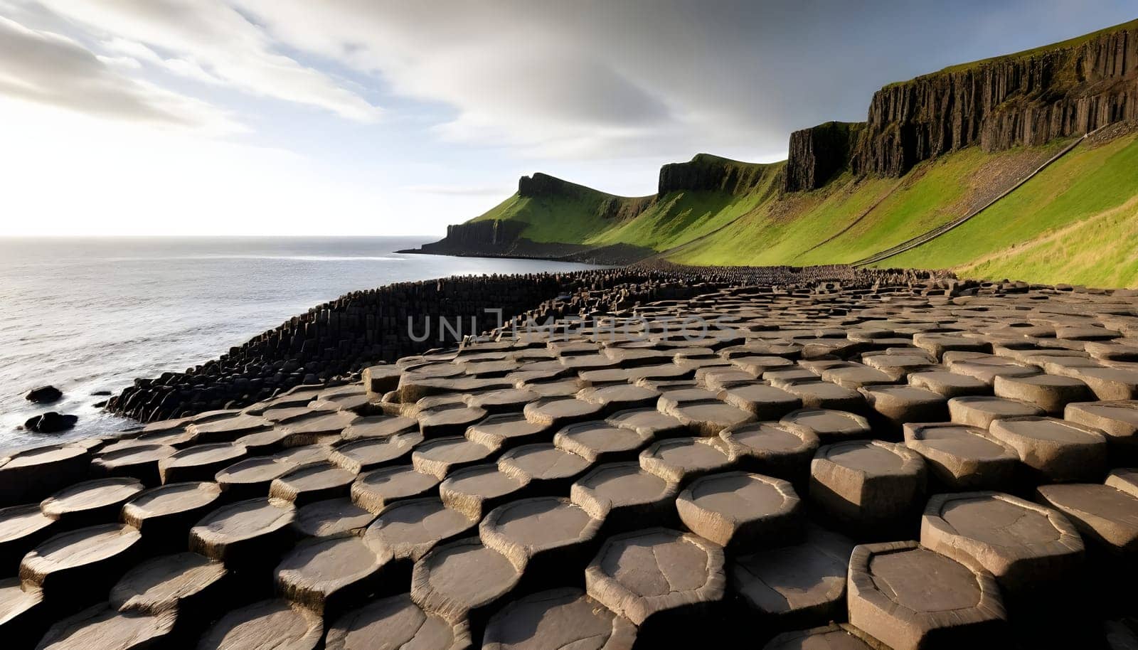 AI generated of Giant Causeway in Northern Ireland, a pile of rocks that are on a beach