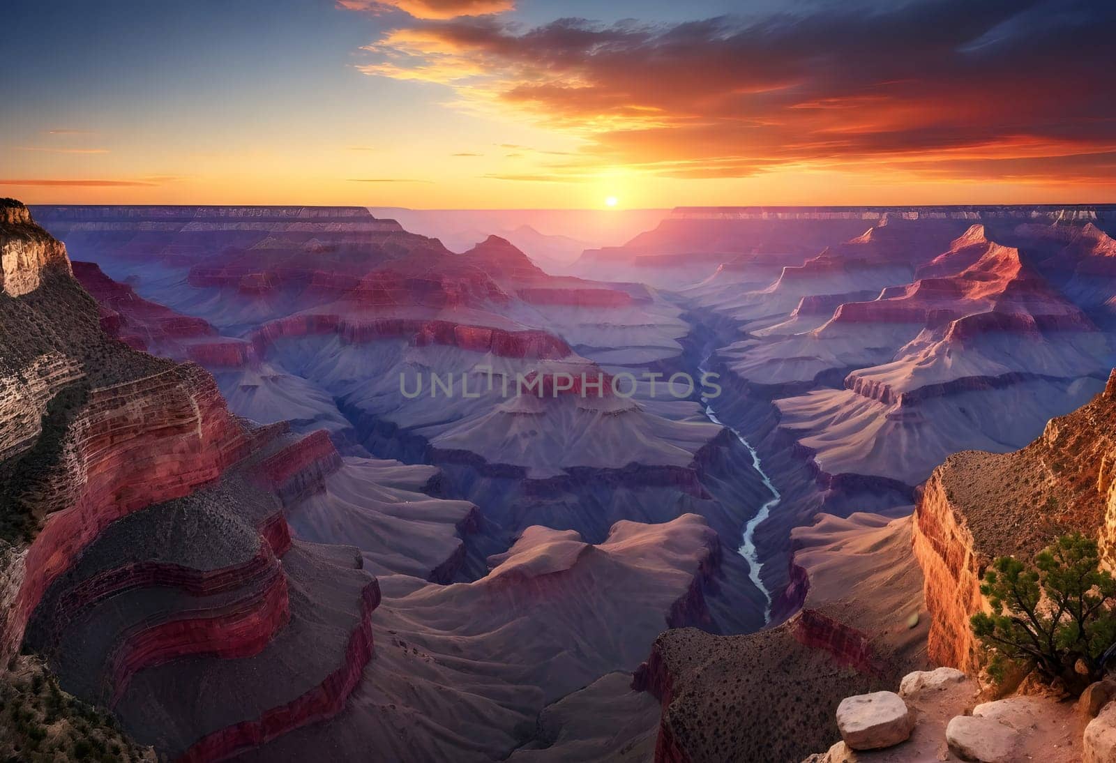 AI generated of a beautiful sunset over a canyon with a tree in the foreground