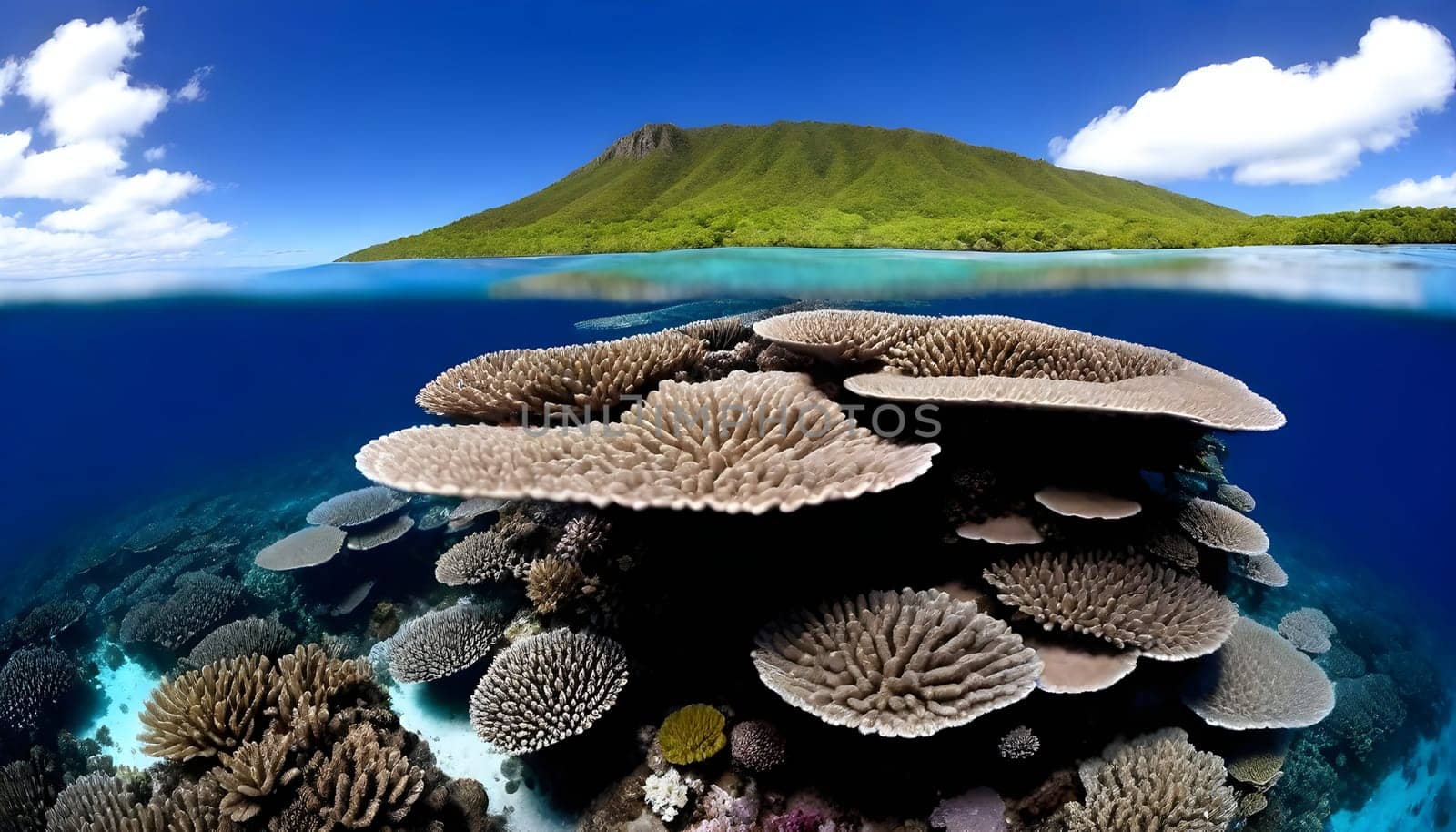 AI generated of a coral reef with a mountain on the blue sky