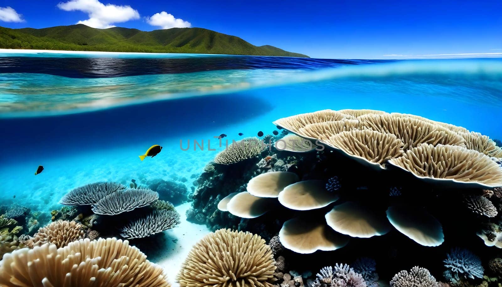 AI generated of a coral reef with a mountain on the blue sky