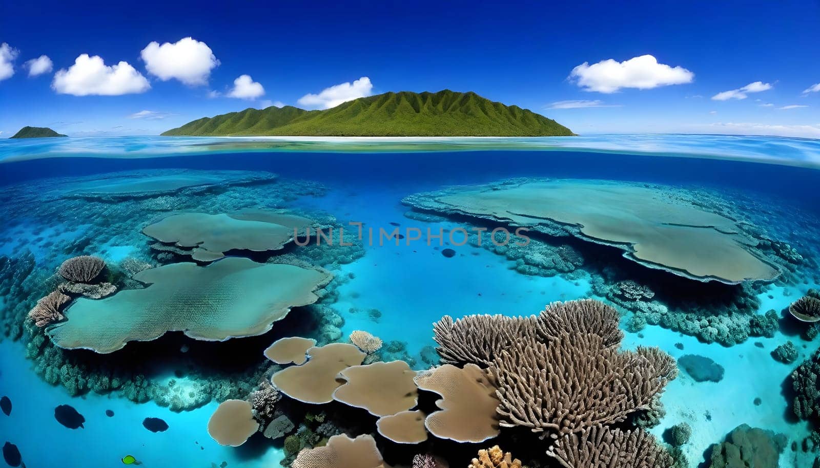 AI generated of a coral reef with a mountain on the blue sky