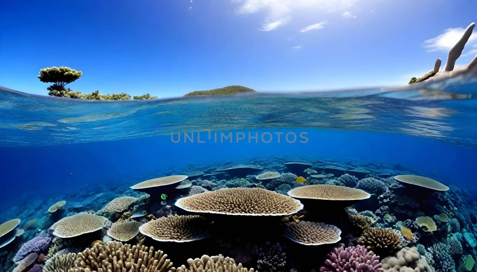 AI generated of a coral reef with a mountain on the blue sky
