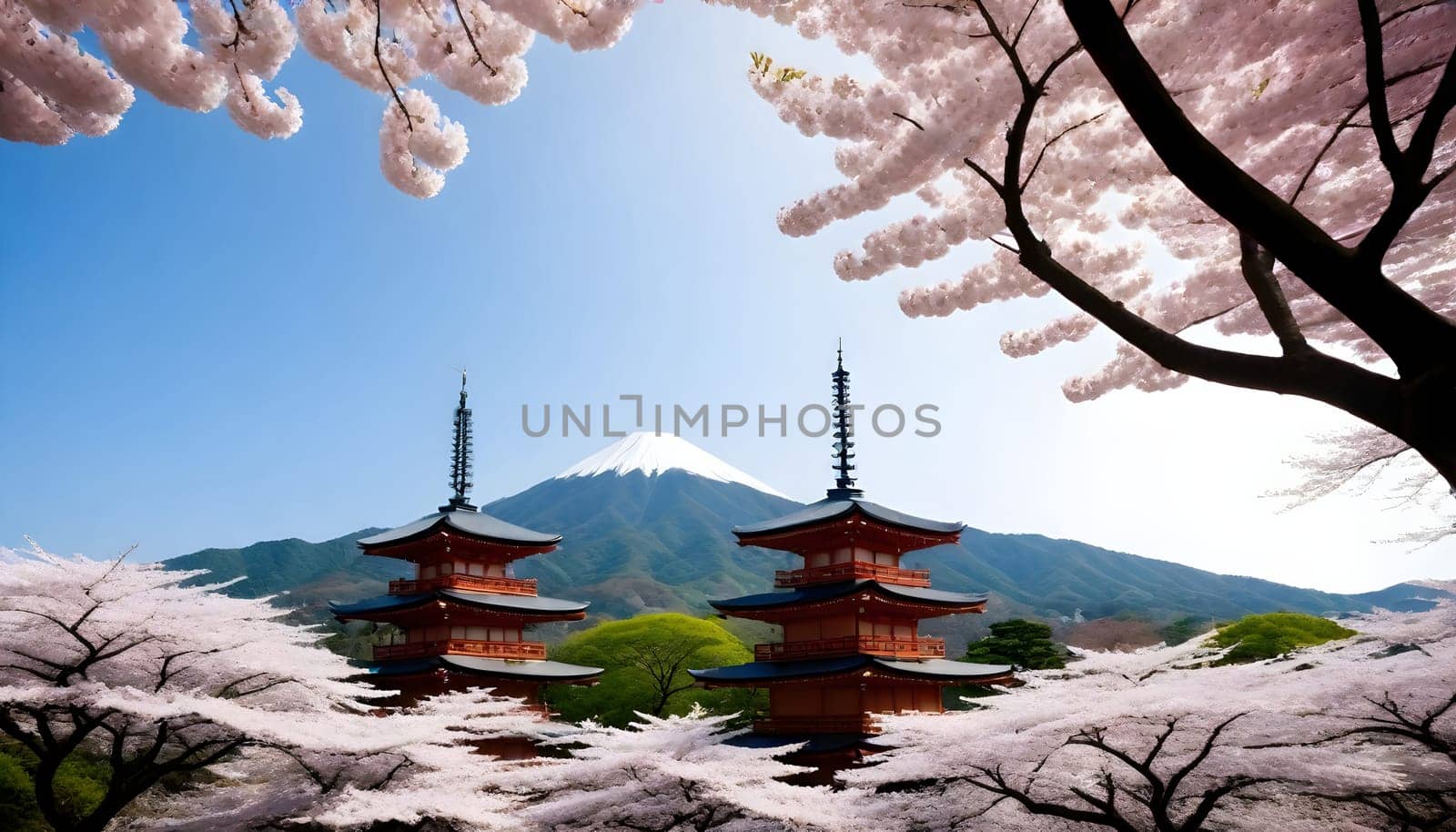 AI generated of a pagoda is reflected in a pond with a mountain in the background