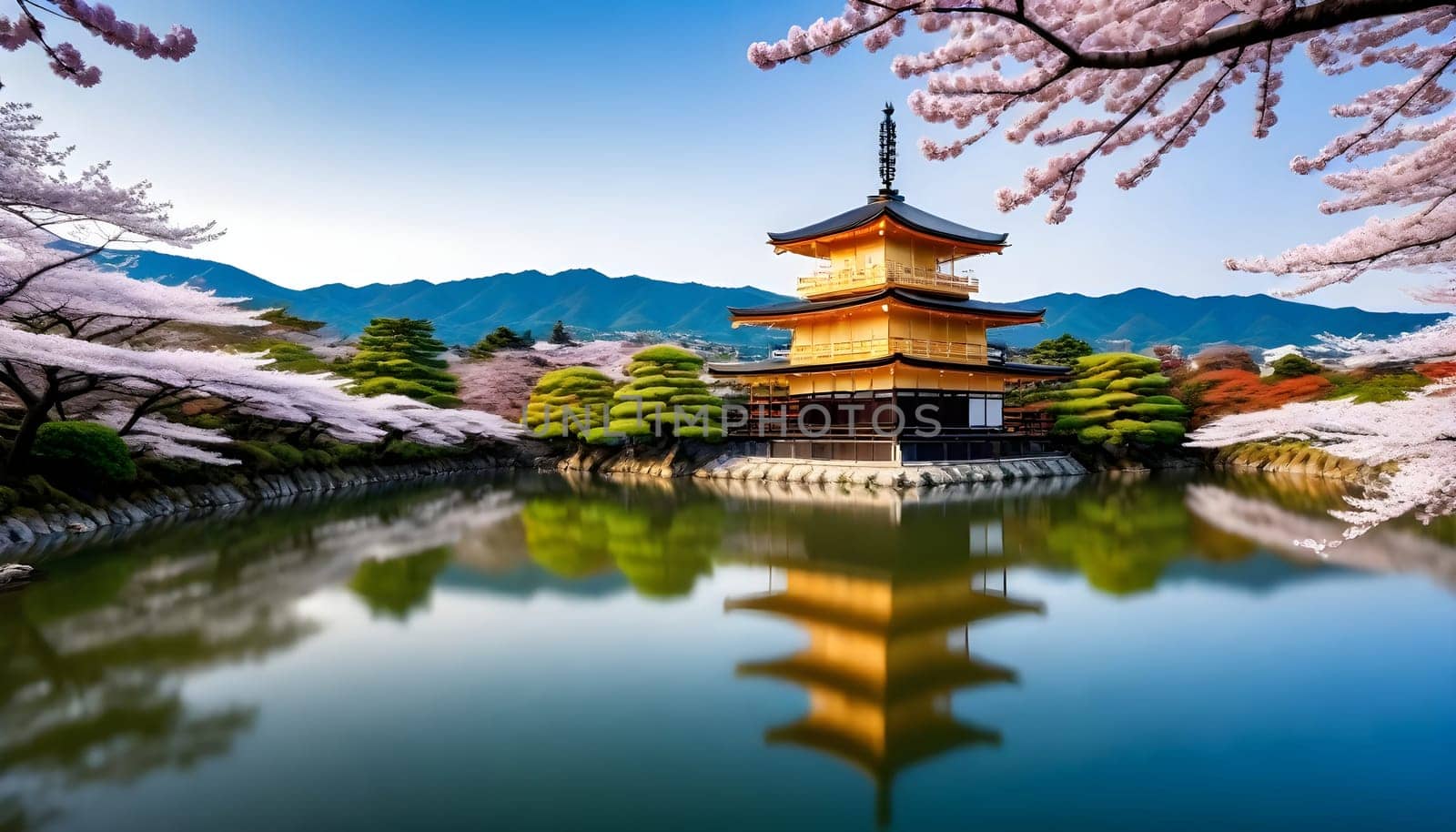 AI generated of a pagoda is reflected in a pond with a mountain in the background