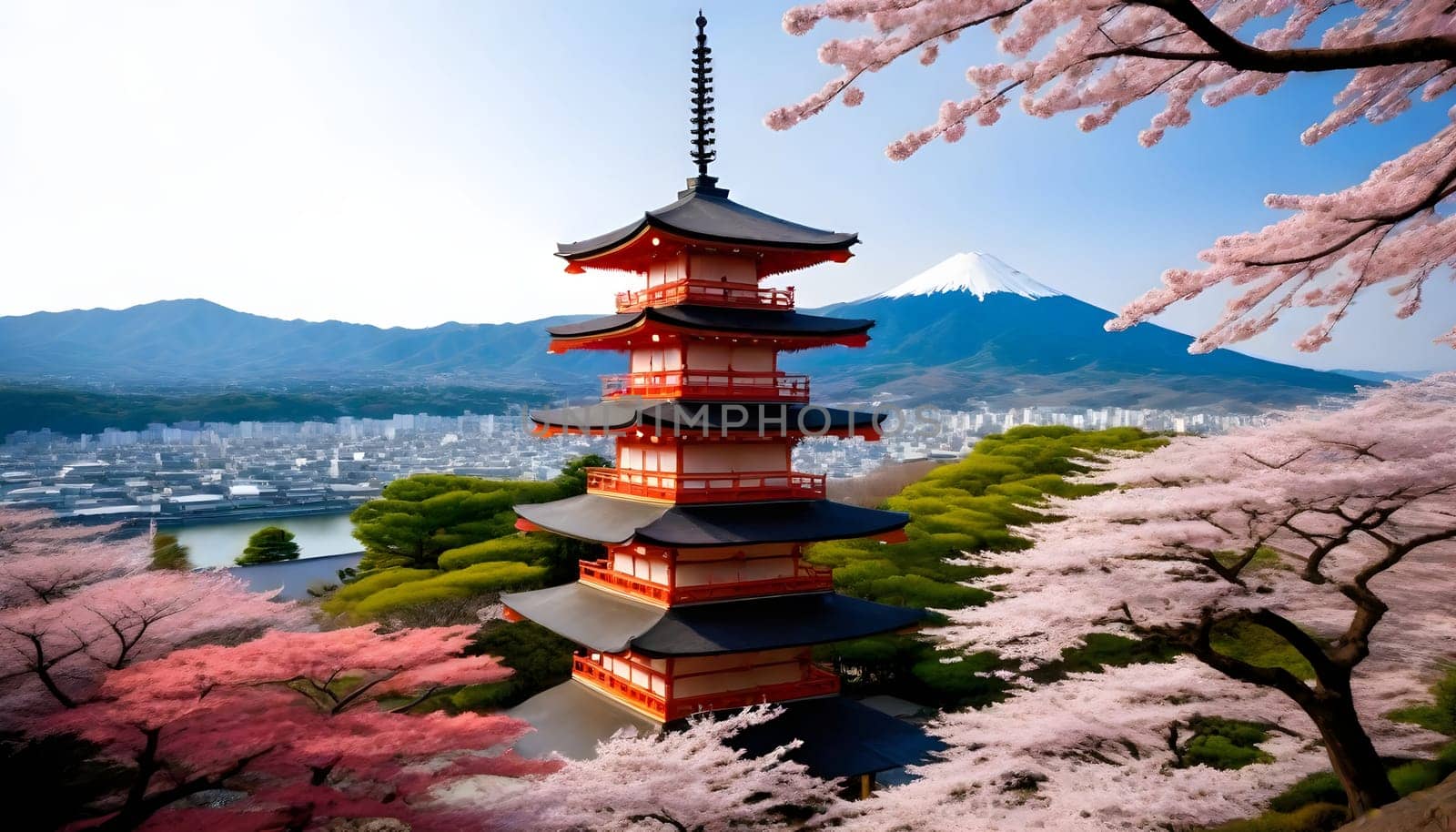 AI generated of a pagoda is reflected in a pond with a mountain in the background
