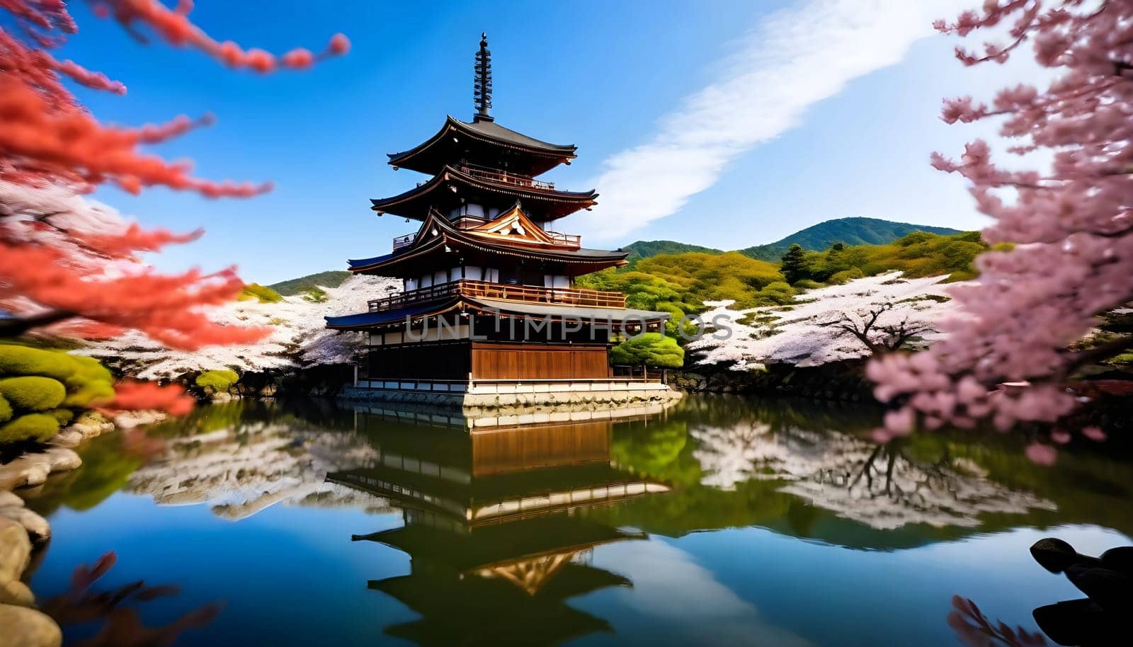 AI generated of a pagoda is reflected in a pond with a mountain in the background