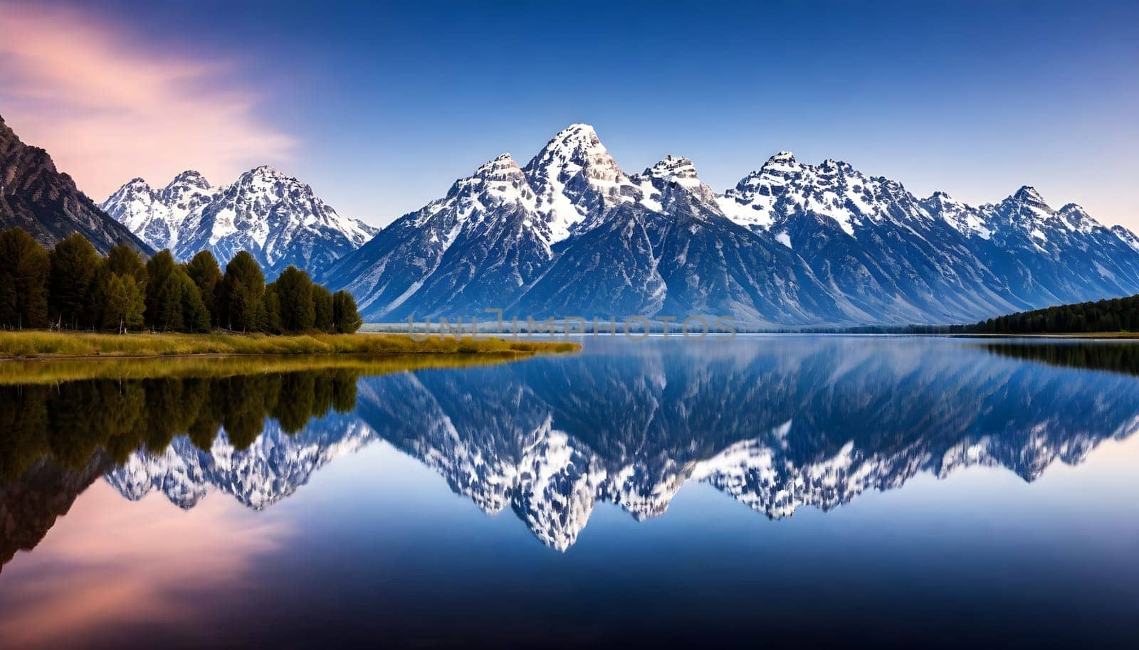 AI generated of mountain range are the most beautiful mountain in the world with reflections on the lake