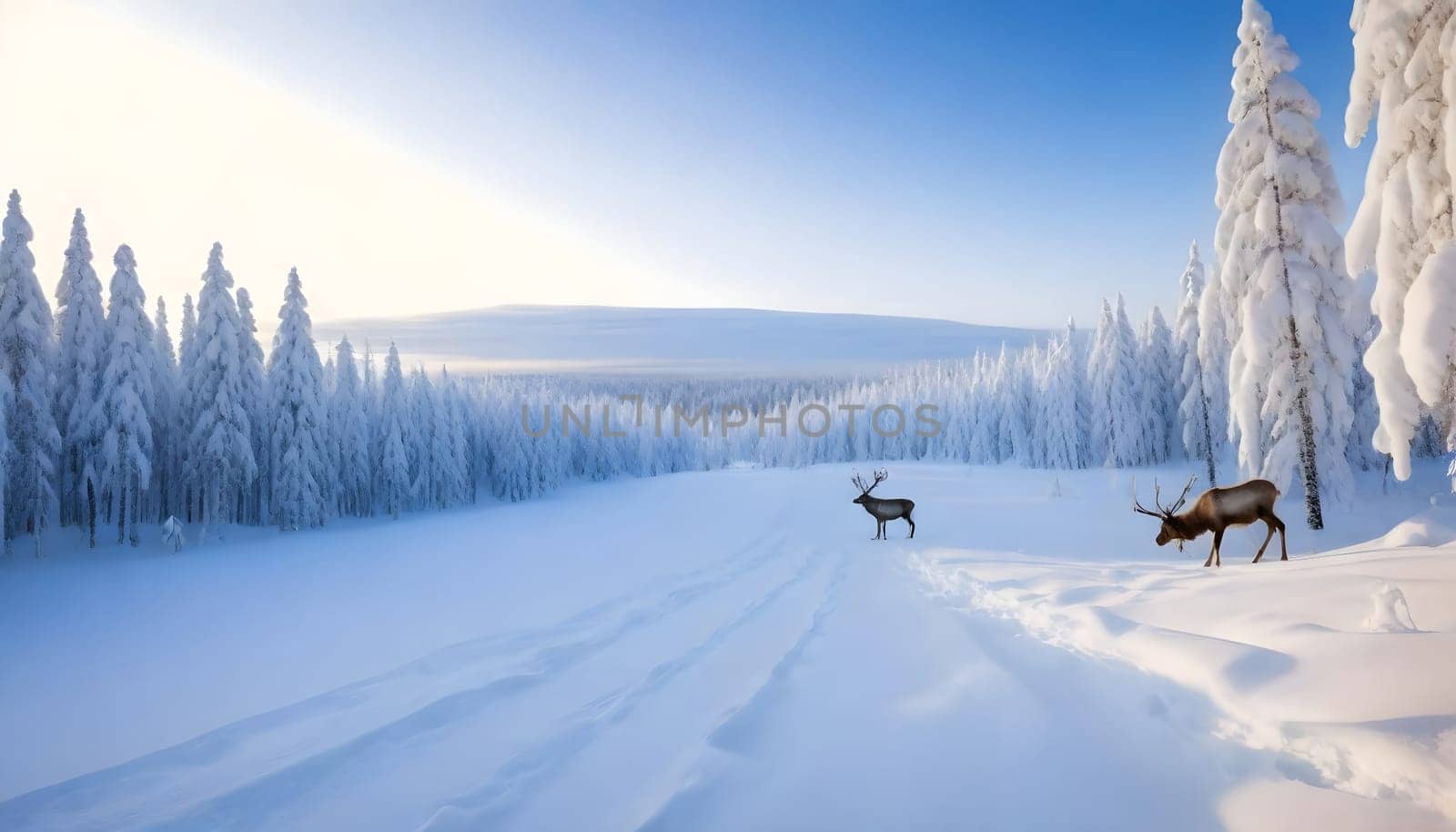AI generated of lapland finland in winter season with deers on it at sunset