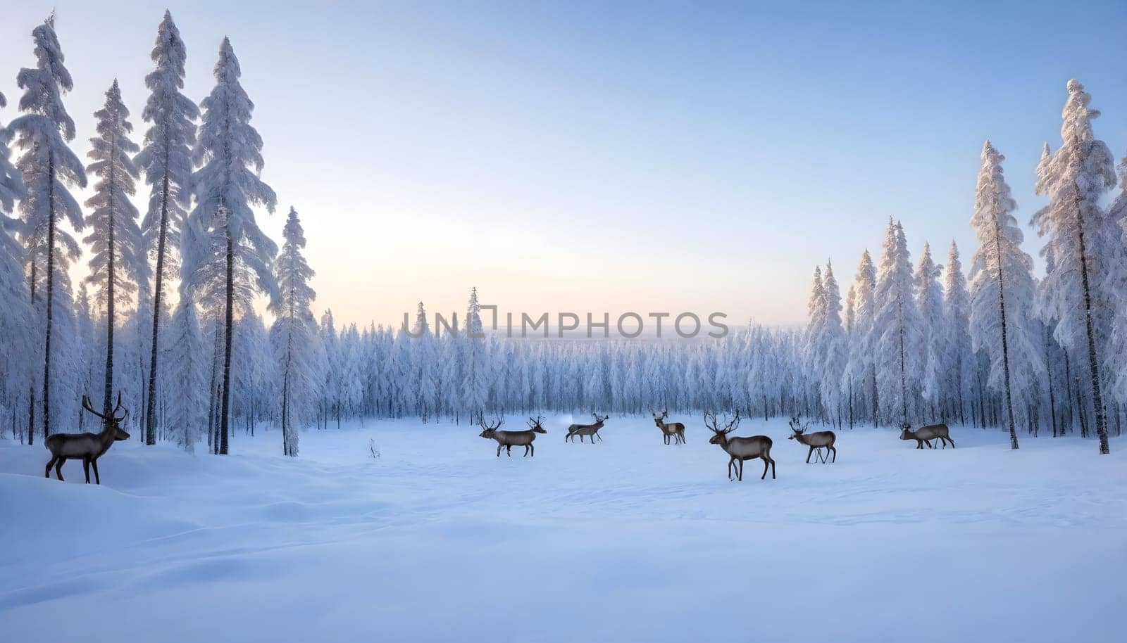 AI generated of lapland finland in winter season with deers on it at sunset