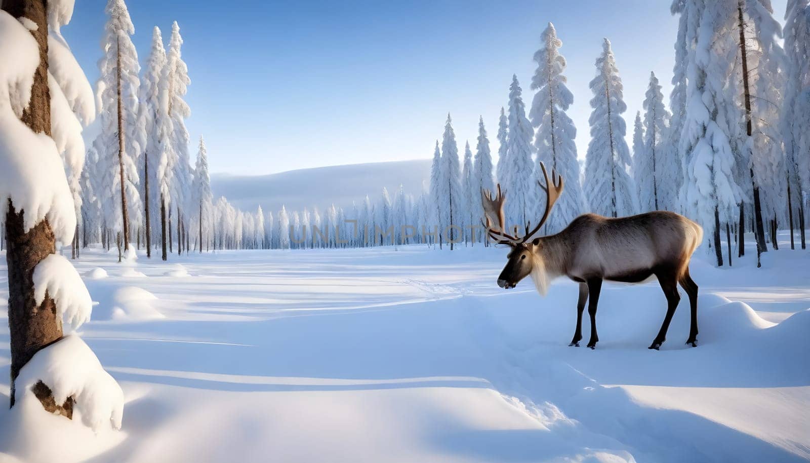 AI generated of lapland finland in winter season with deers on it at sunset