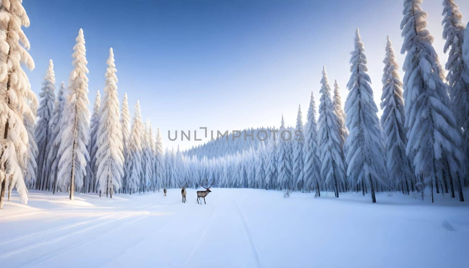 AI generated of lapland finland in winter season with deers on it at sunset