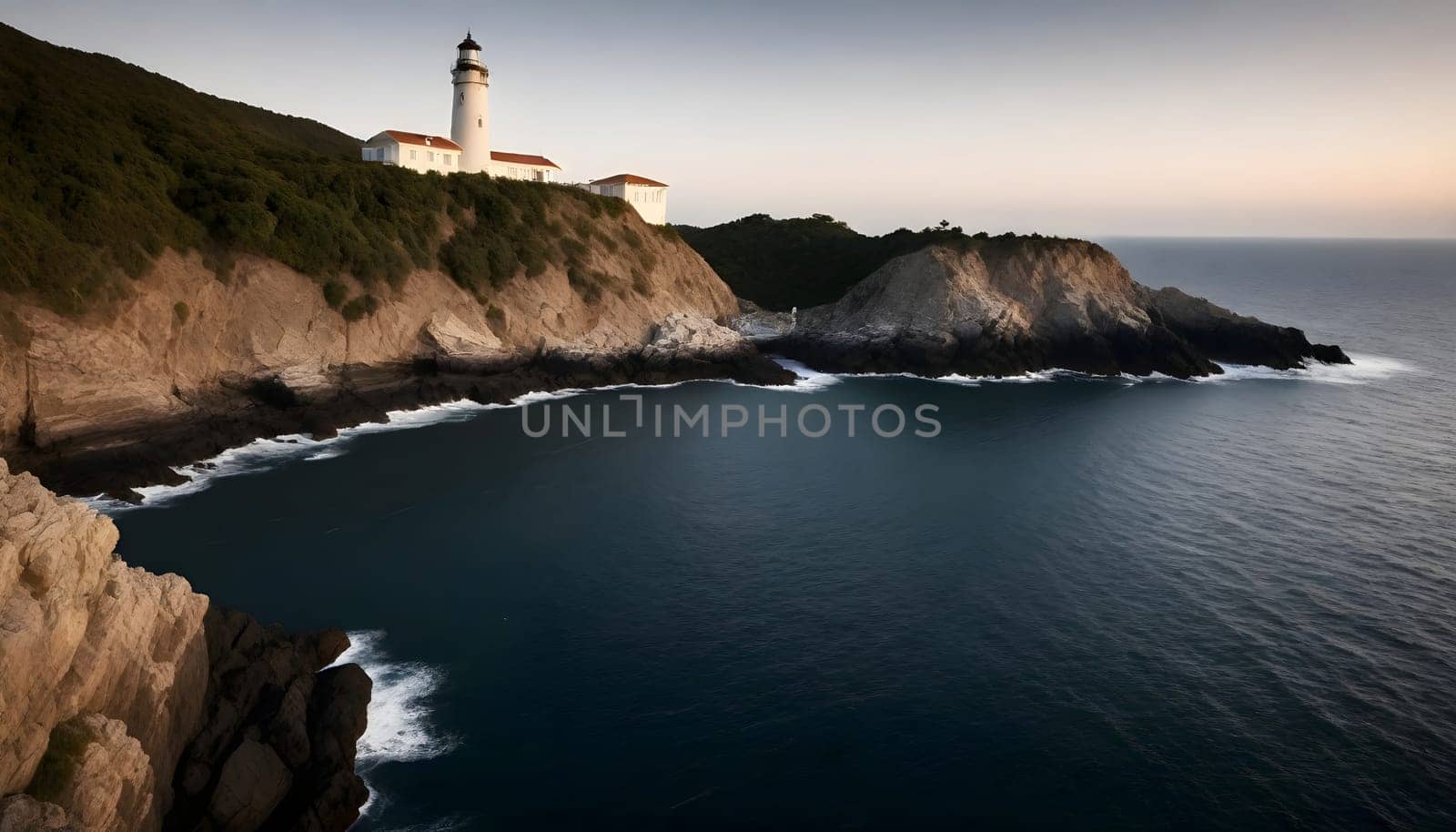 AI generated of a lighthouse on a cliff overlooking the ocean and the ocean