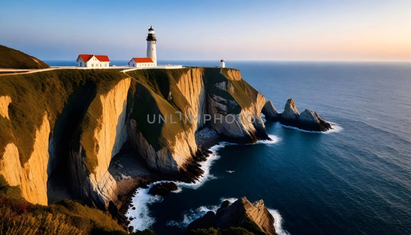 AI generated of a lighthouse on a cliff overlooking the ocean and the ocean