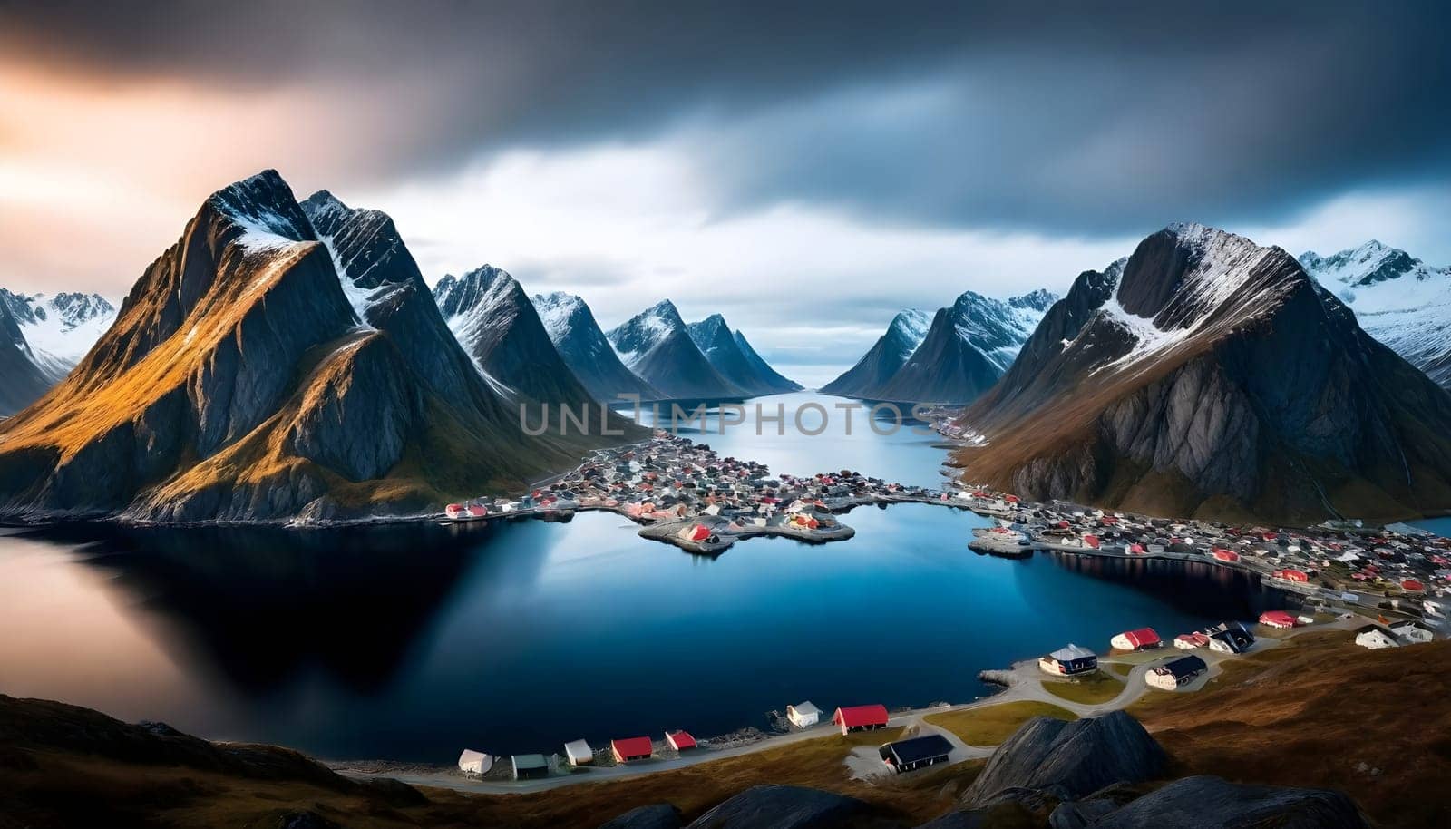 AI generated of a city is surrounded by mountains and the ocean is surrounded by mountains