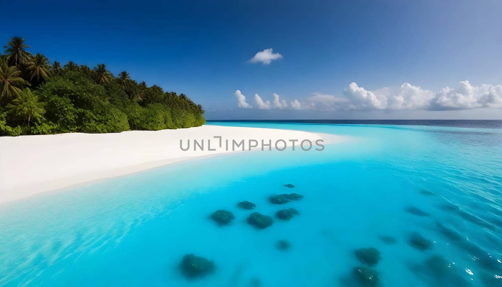 AI generated of a beach with a clear blue water and some rocks in the water
