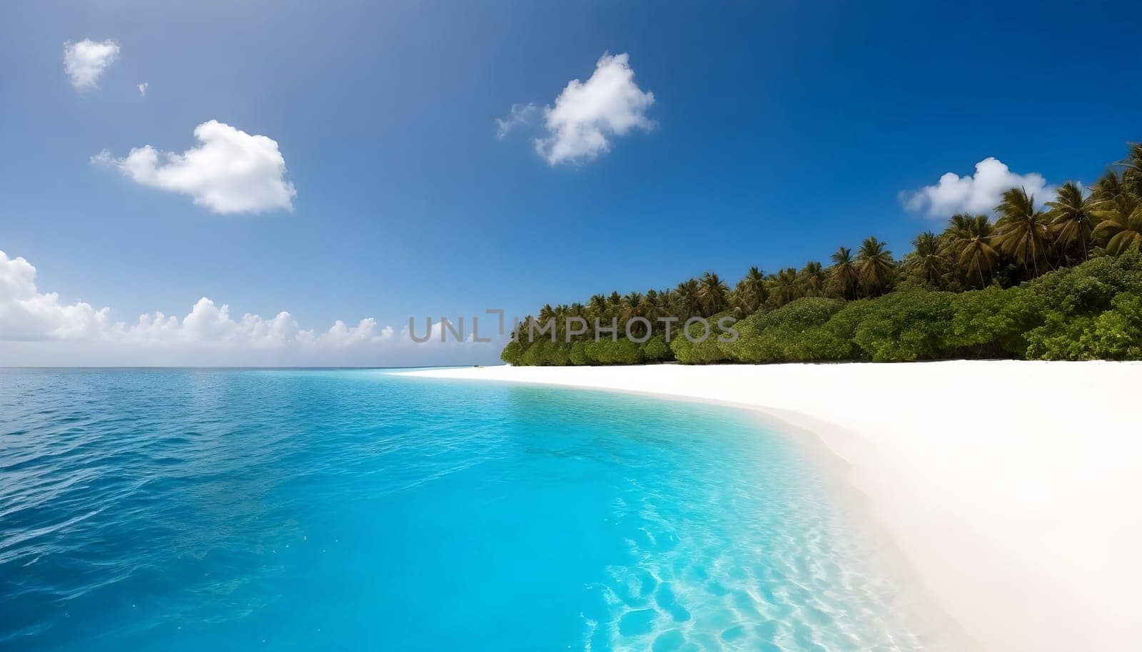 AI generated of a beach with a clear blue water and some rocks in the water