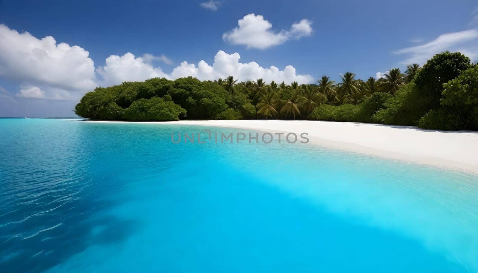 AI generated of a beach with a clear blue water and some rocks in the water