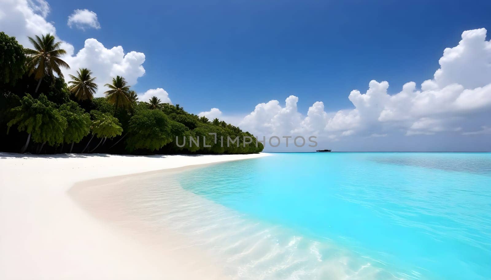AI generated of a beach with a clear blue water and some rocks in the water