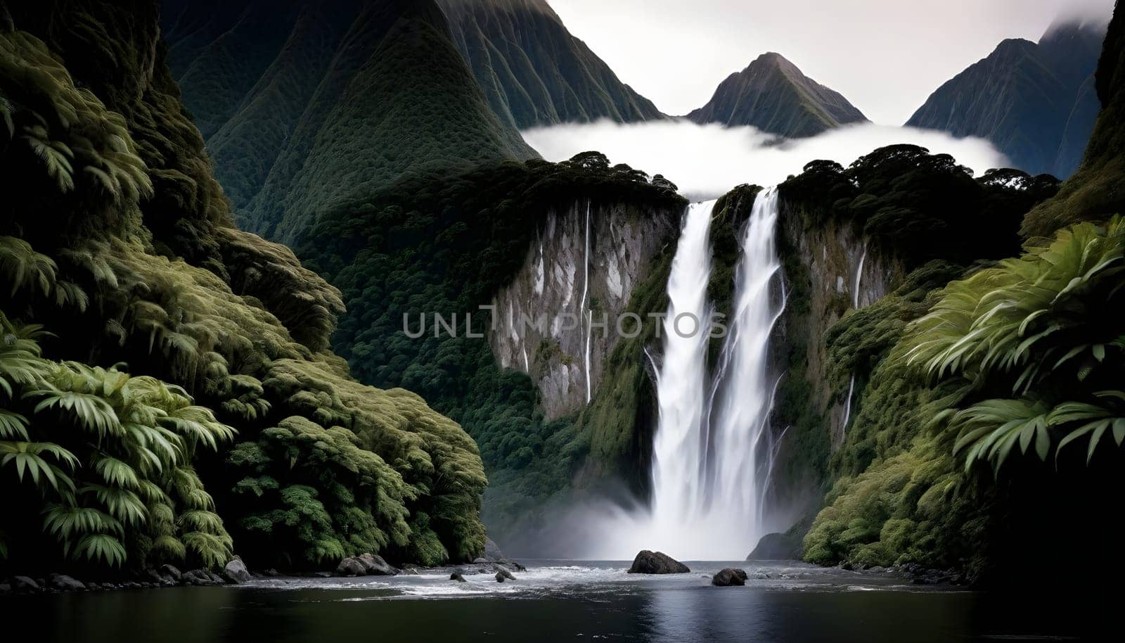 AI generated of a waterfall and lake is in the background with a mountain in the background