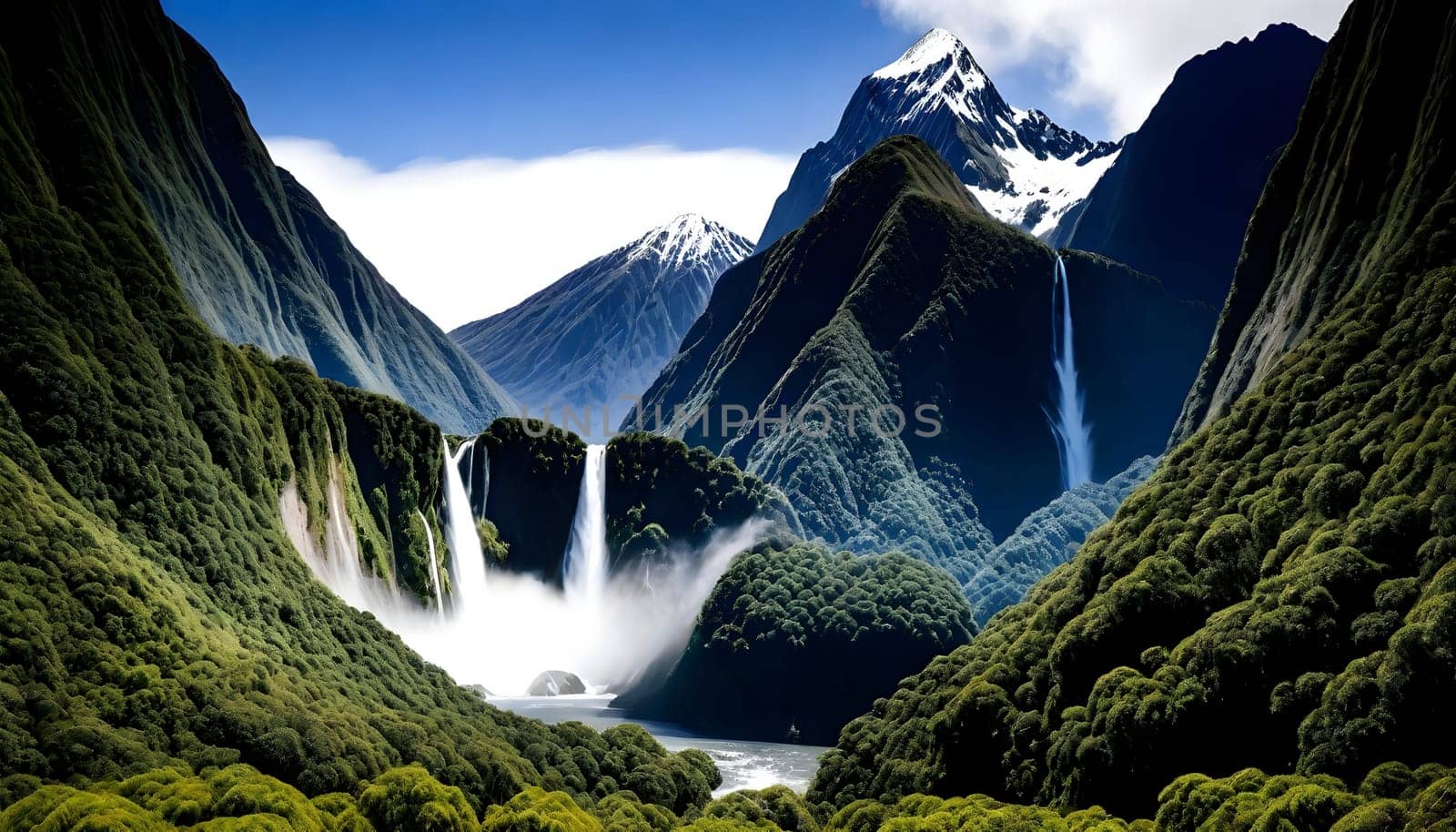 AI generated of a waterfall and lake is in the background with a mountain in the background