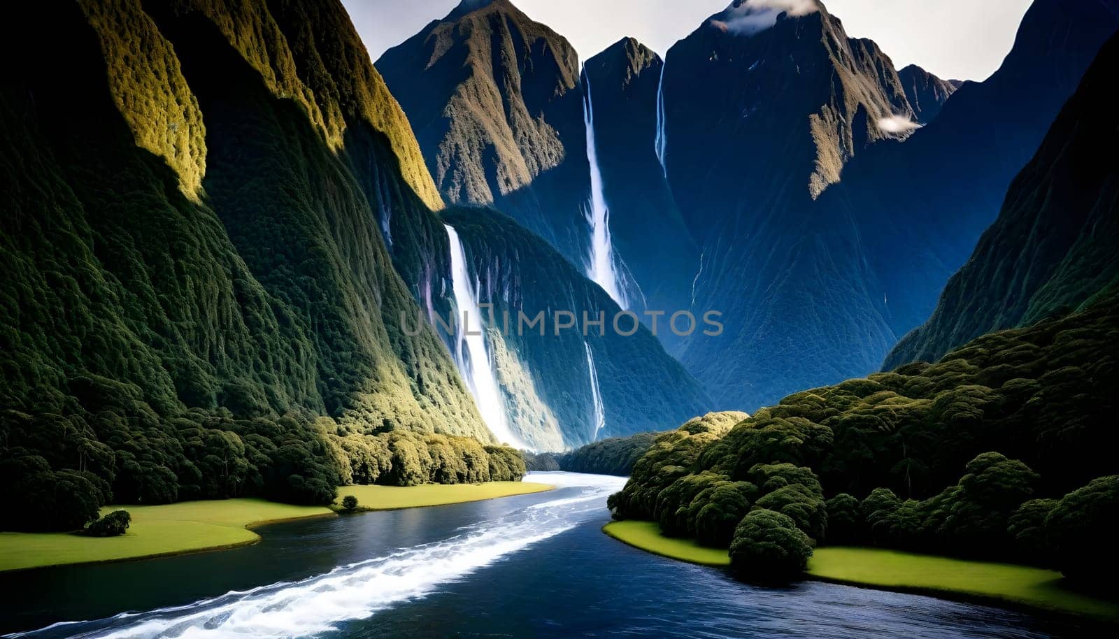 AI generated of a waterfall and lake is in the background with a mountain in the background