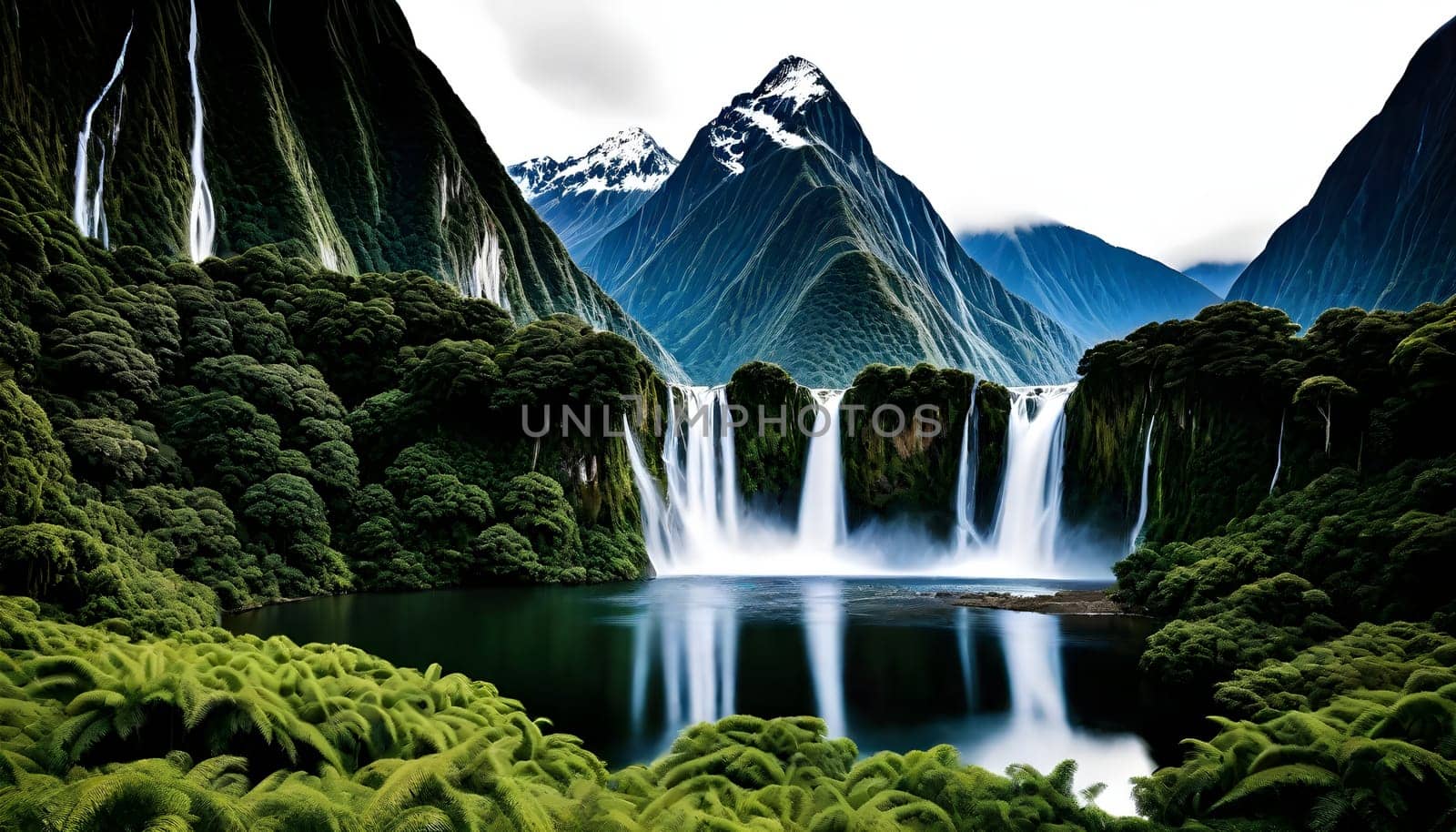 AI generated of a waterfall and lake is in the background with a mountain in the background