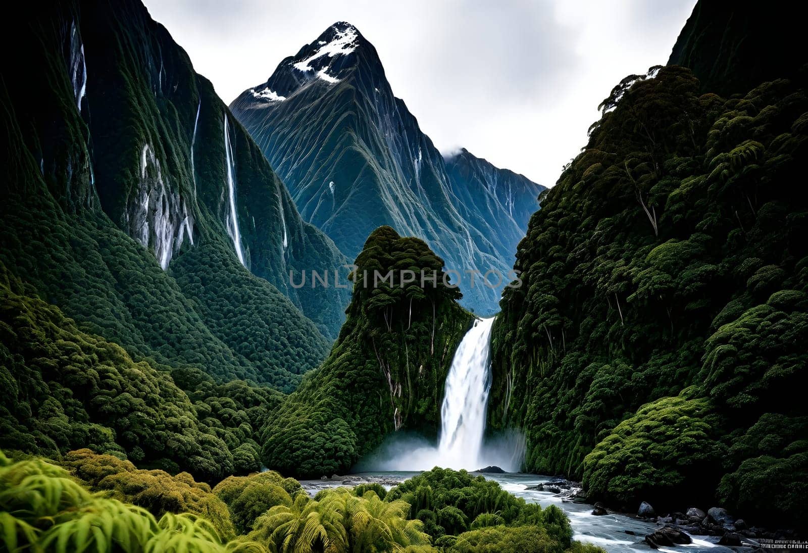 AI generated of a waterfall and lake is in the background with a mountain in the background