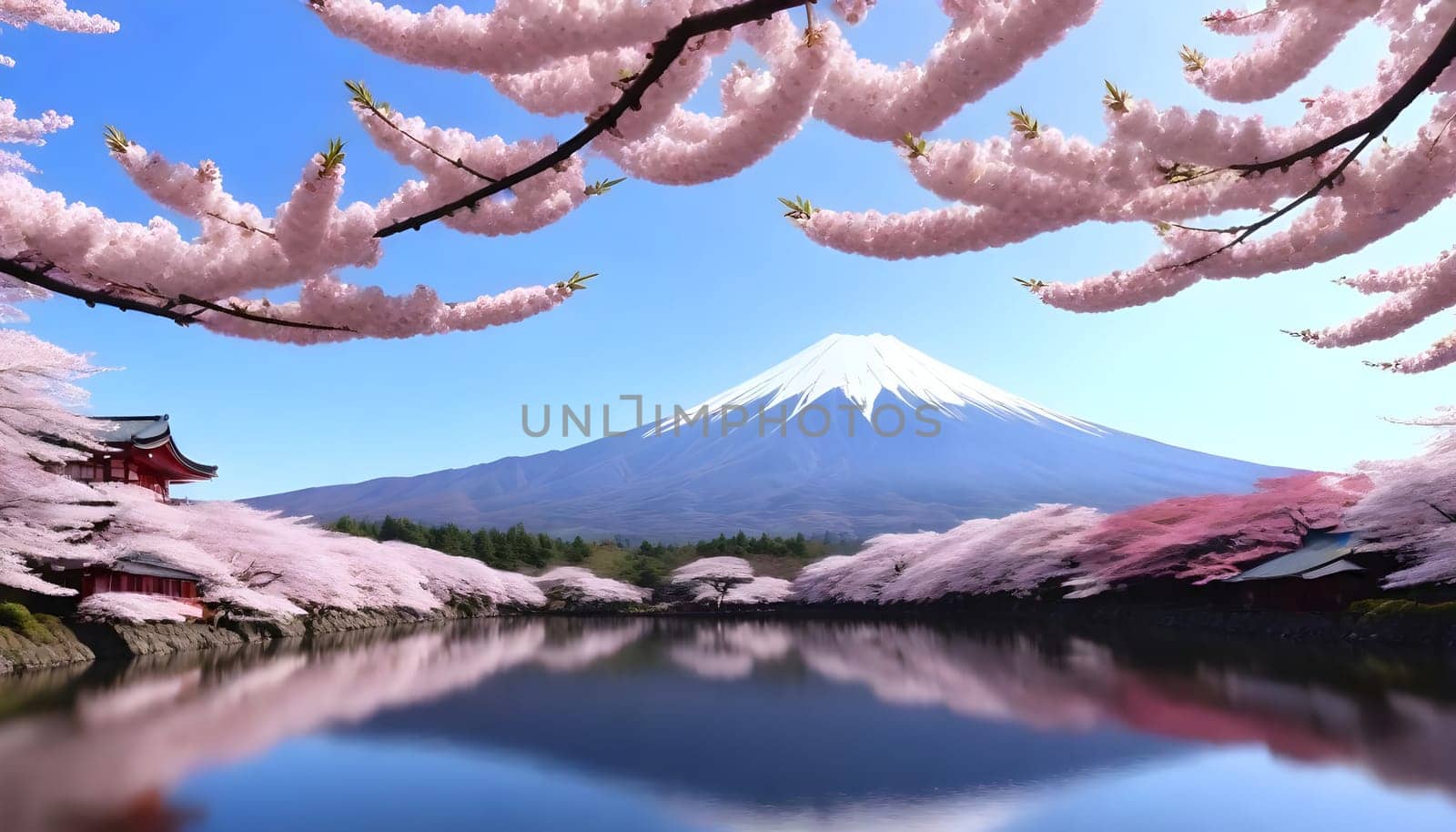 AI generated of a mountain is reflected in a lake with cherry blossom blooming arround it