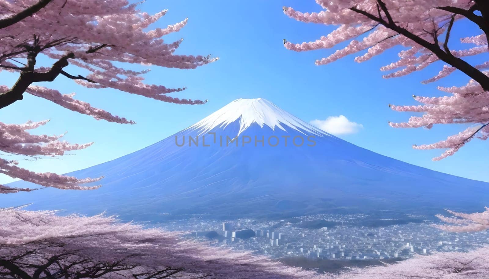AI generated of a mountain is reflected in a lake with cherry blossom blooming arround it