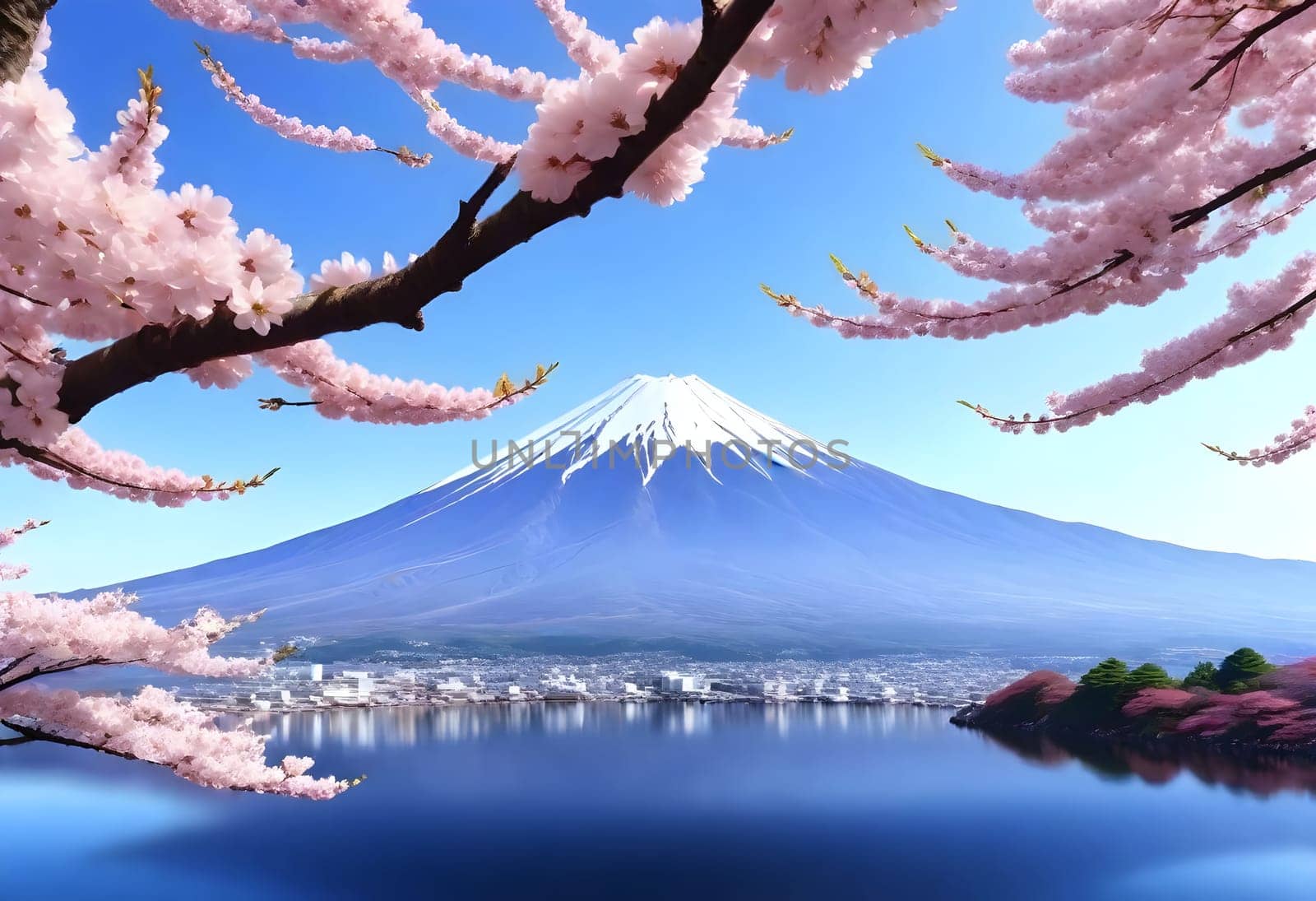 AI generated of a mountain is reflected in a lake with cherry blossom blooming arround it
