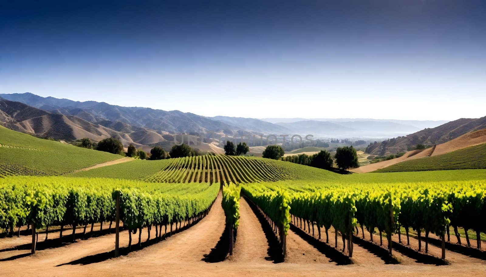 AI generated of a vineyard with valley and a house in the distance on sunset sky