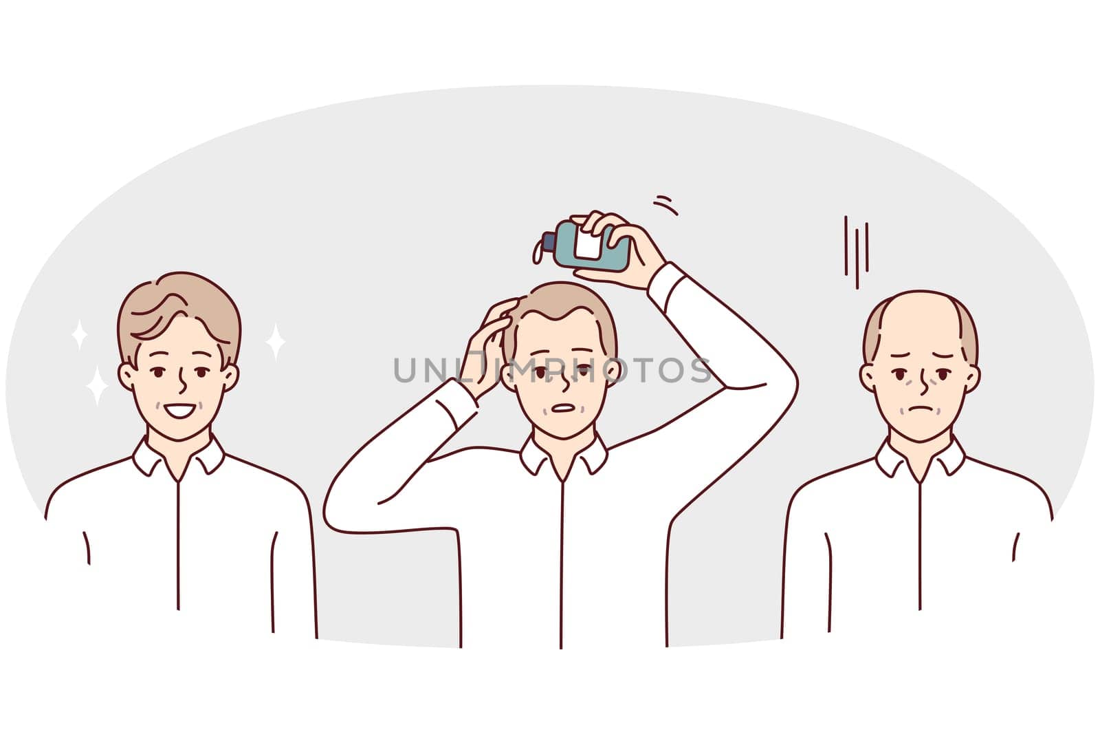 Man using hair growth gel rejoices after seeing good result of cosmetic product. Sad guy uses cream to get rid of baldness on head and get desired bouffant hairstyle. Flat vector illustration