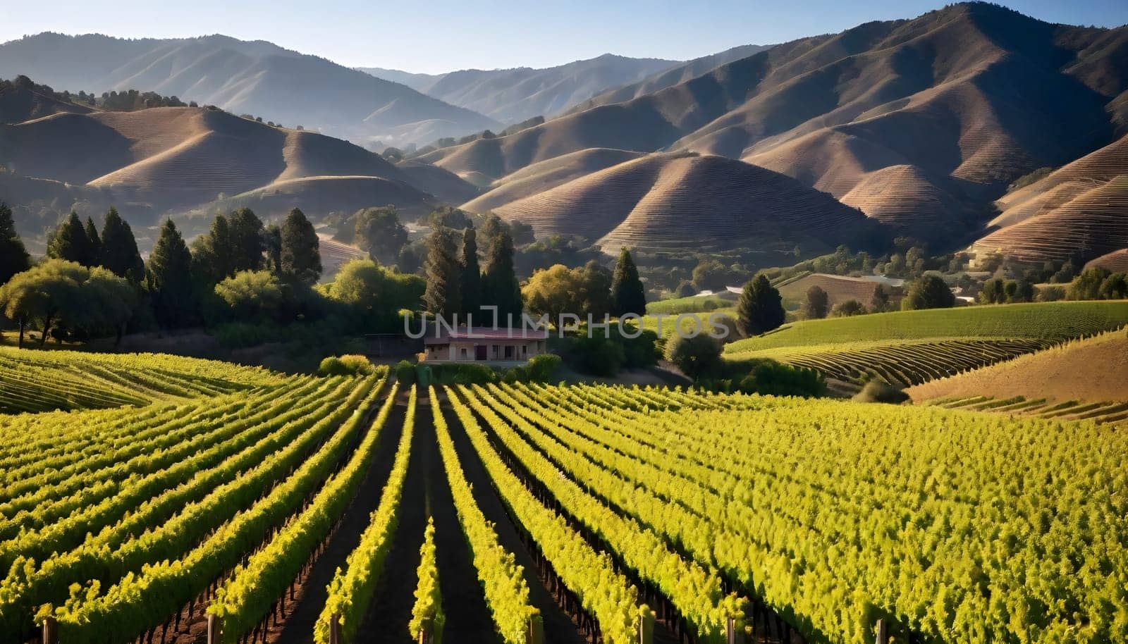 AI generated of a vineyard with valley and a house in the distance on sunset sky