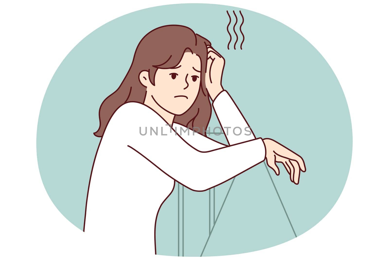 Sad woman leans on railing and looks into distance thinking about problems in personal life. Lonely unhappy girl stands resting head on hand after quarrel with boyfriend. Flat vector image