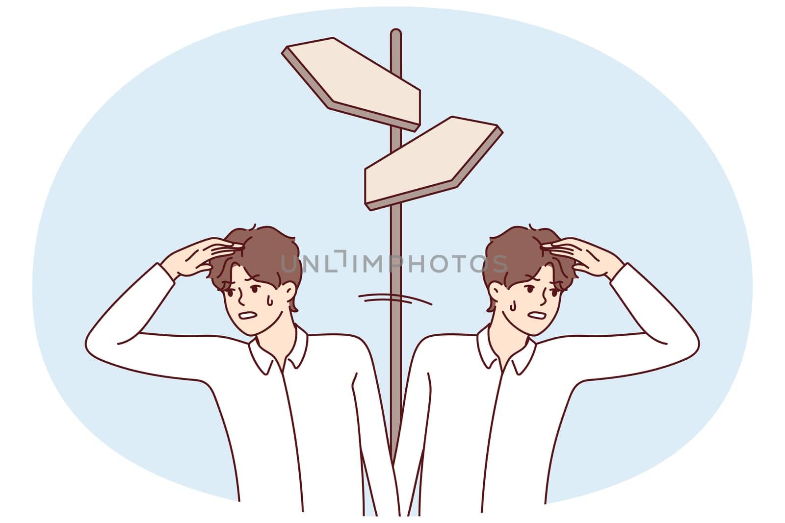 Two men stand at crossroads and look at different sides sweating because of need to make difficult decision. Concept search for opportunities to overcome crisis in business. Flat vector design