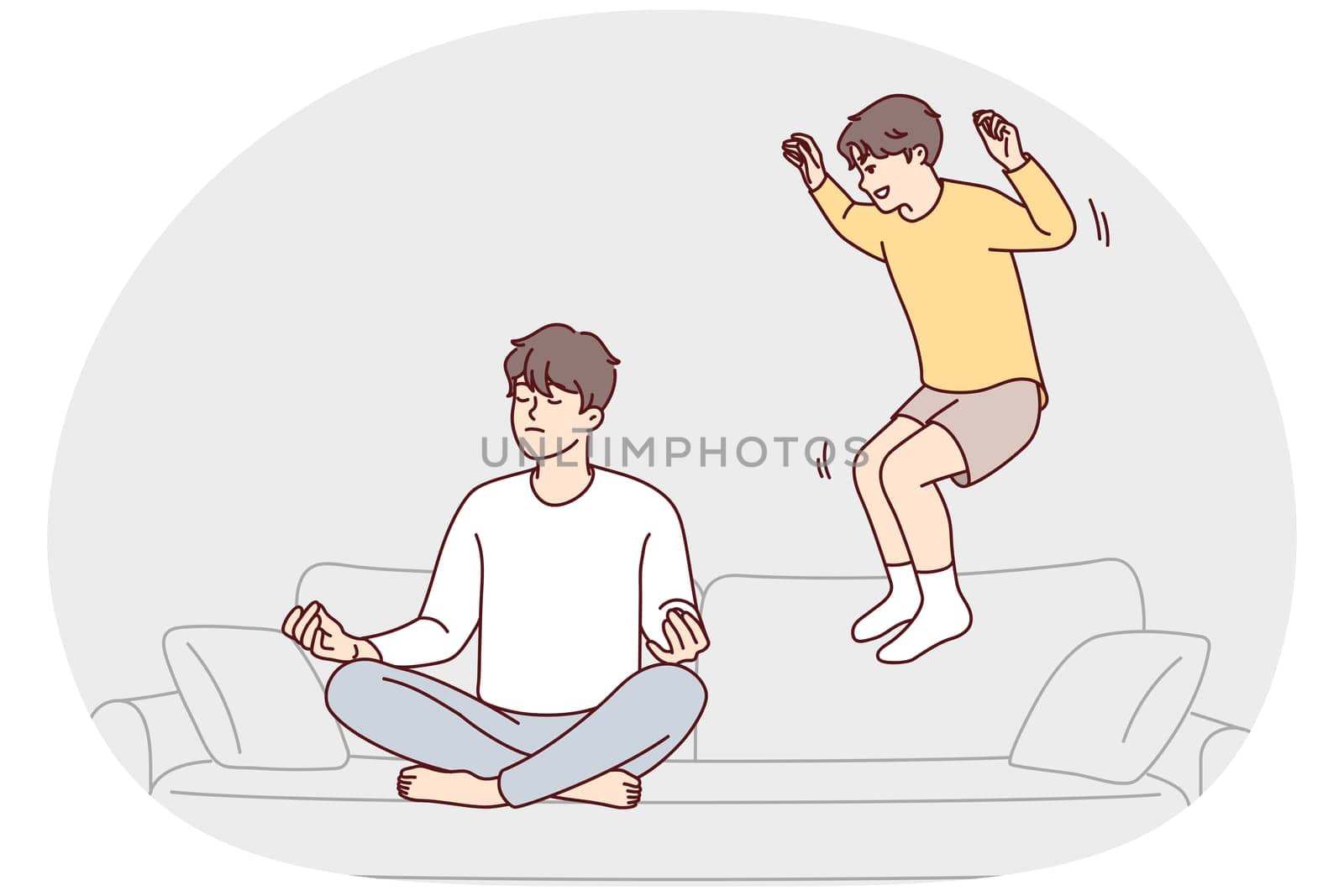 Restrained man sitting cross-legged doing yoga ignoring younger brother jumping on couch. Teenage boy frolic wanting to distract father from meditation and draw attention to himself. Flat vector image