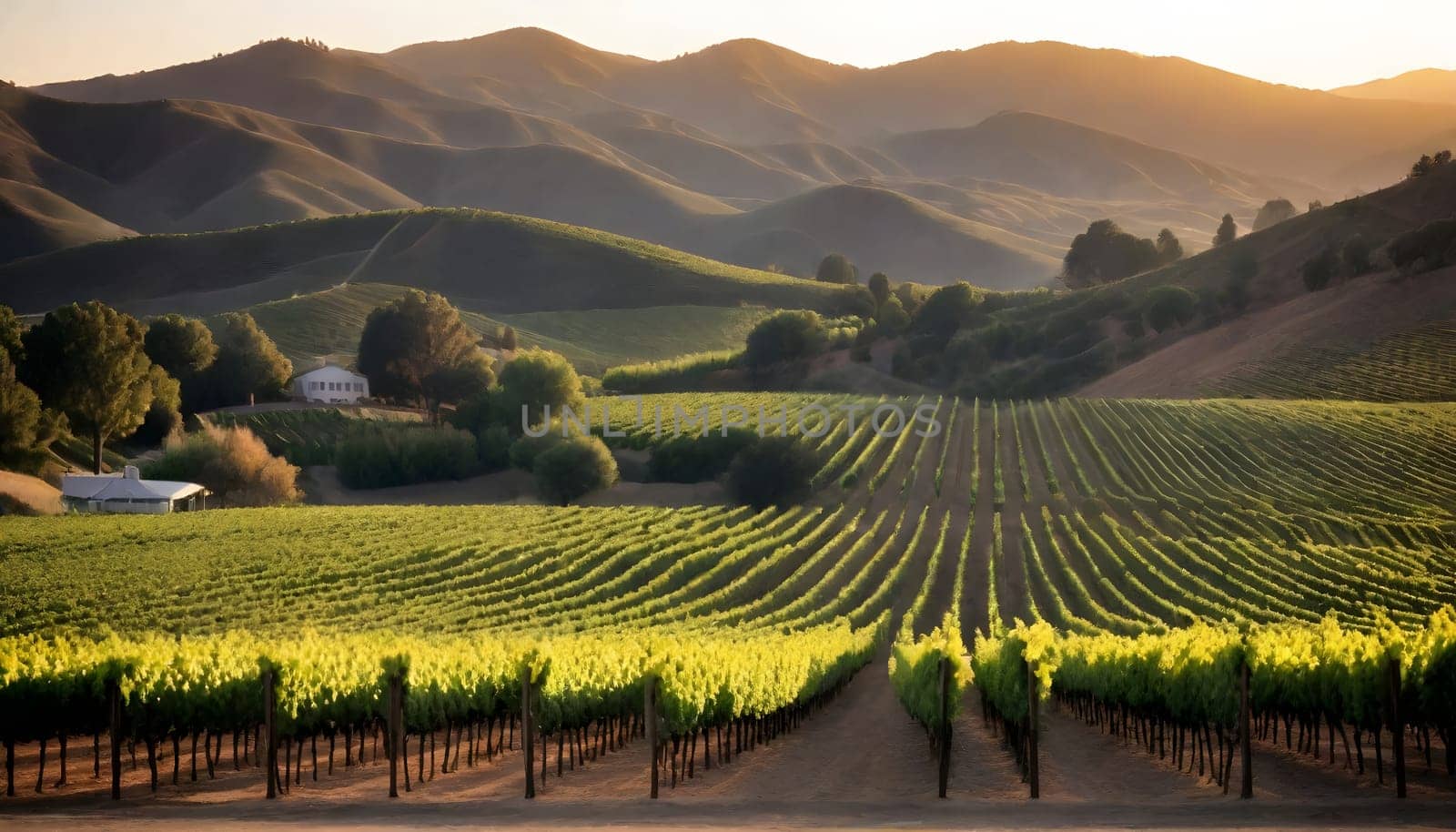 AI generated of a vineyard with valley and a house in the distance on sunset sky