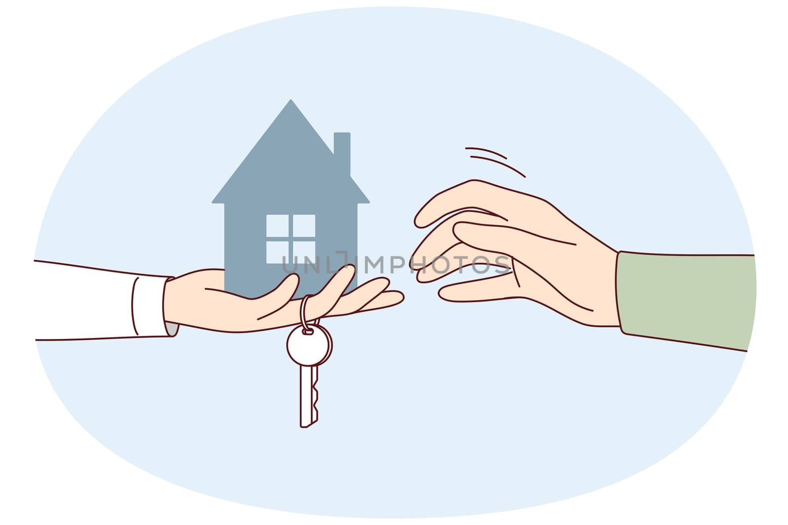 Hand of realtor with key to new apartment stretches model of house to buyer. Concept renting out building or buying your own real estate for investment and capital preservation. Flat vector design