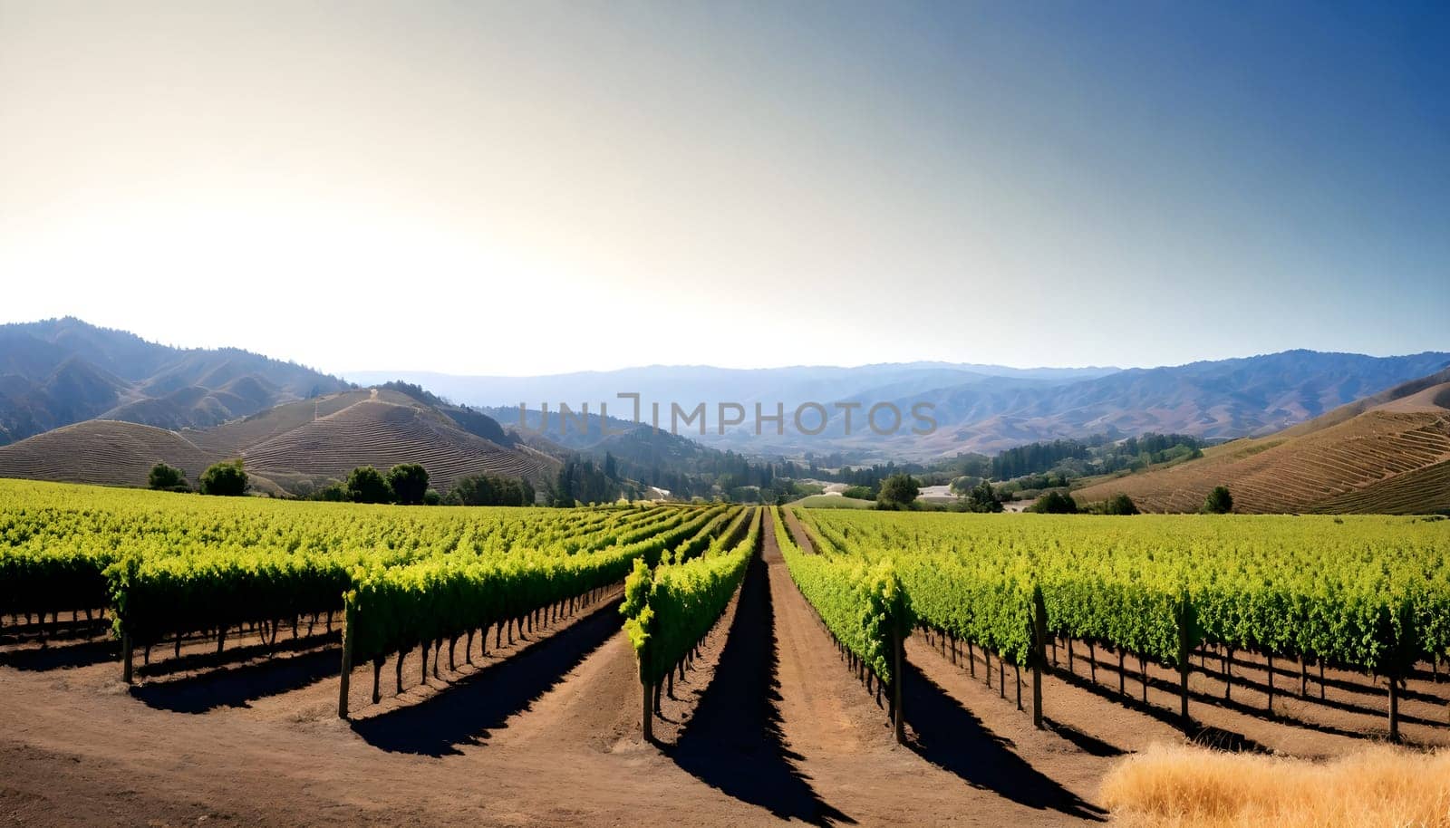 AI generated of a vineyard with valley and a house in the distance on sunset sky