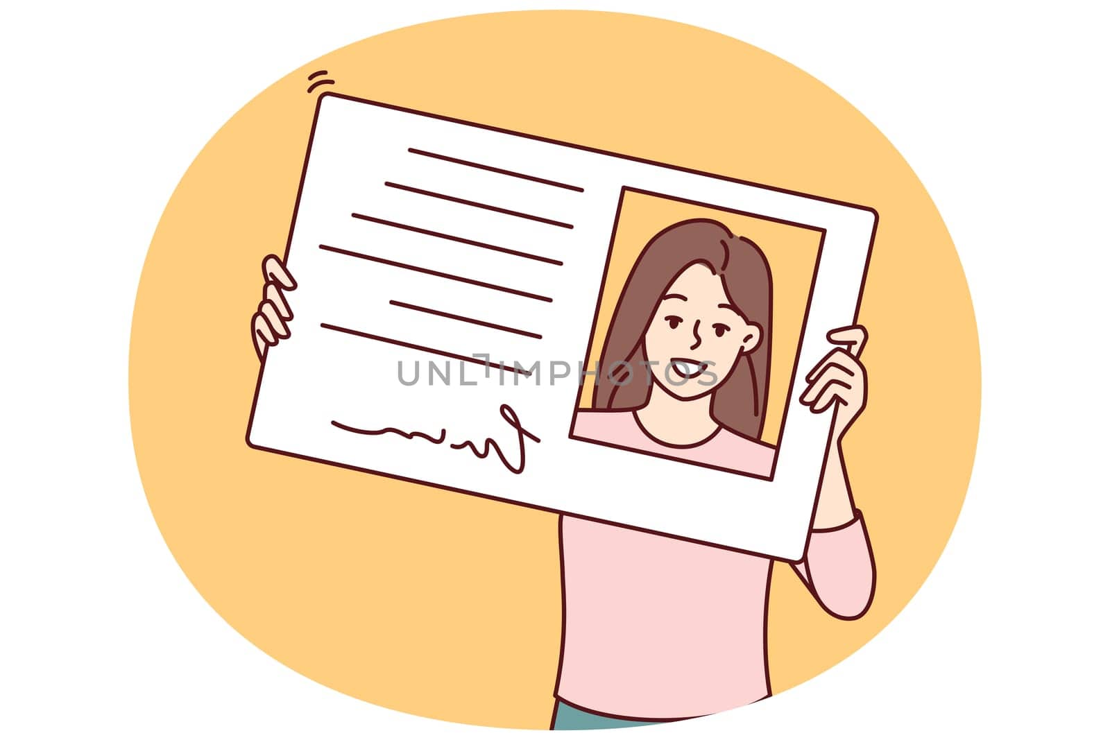 Smiling woman holding driver license or ID card to get access to office or business center. Positive girl looks through plastic ID card designed to authenticate company personnel