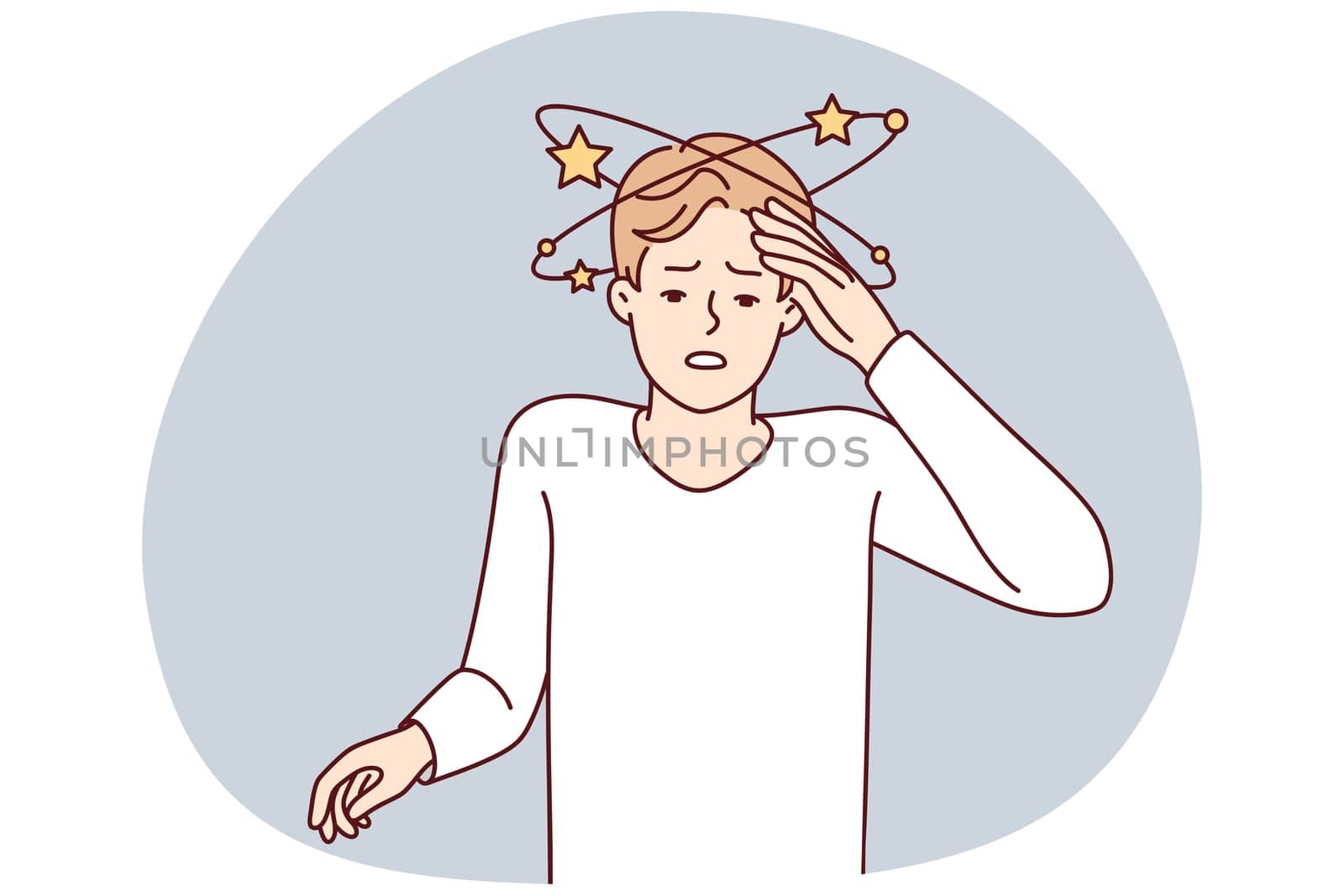 Suffering man experiencing pain in head after severe injury puts hand on forehead. Guy suffers from dizziness or needs to take drugs against intracranial pressure. Flat vector illustration