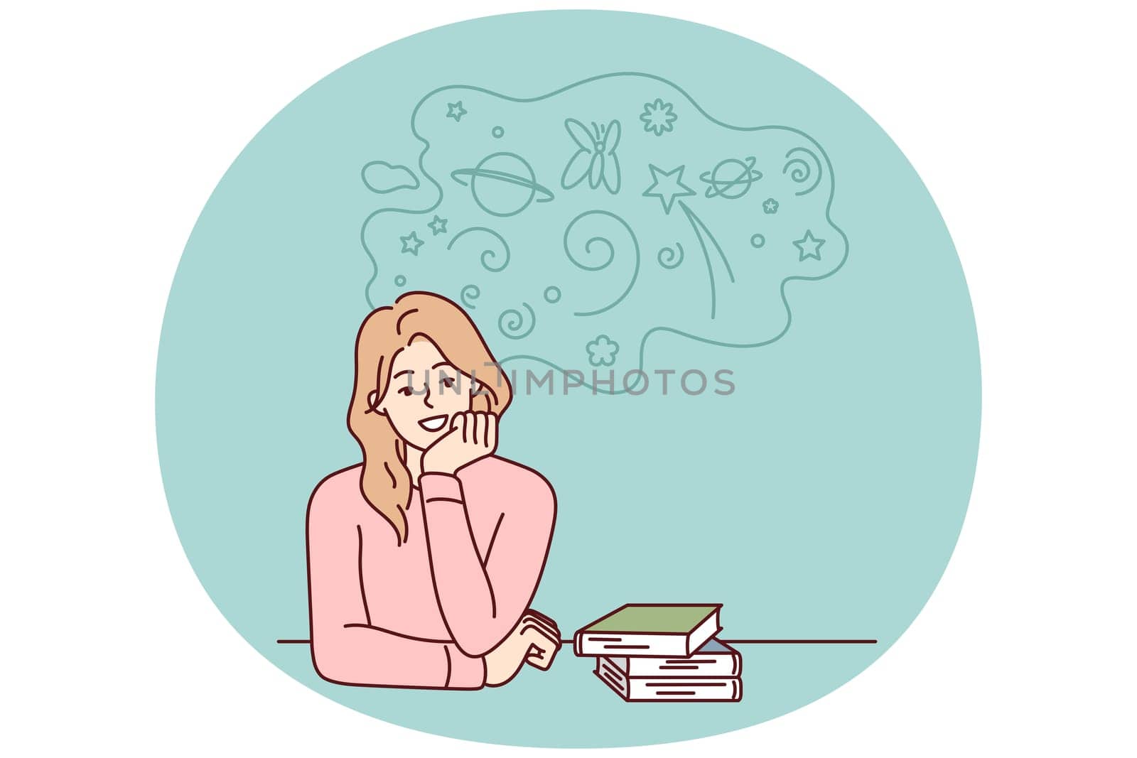 Carefree woman sitting at table with books resting chin on hand is distracted from preparing for exams. Student girl procrastinates and dreams during extracurricular work. Flat vector design