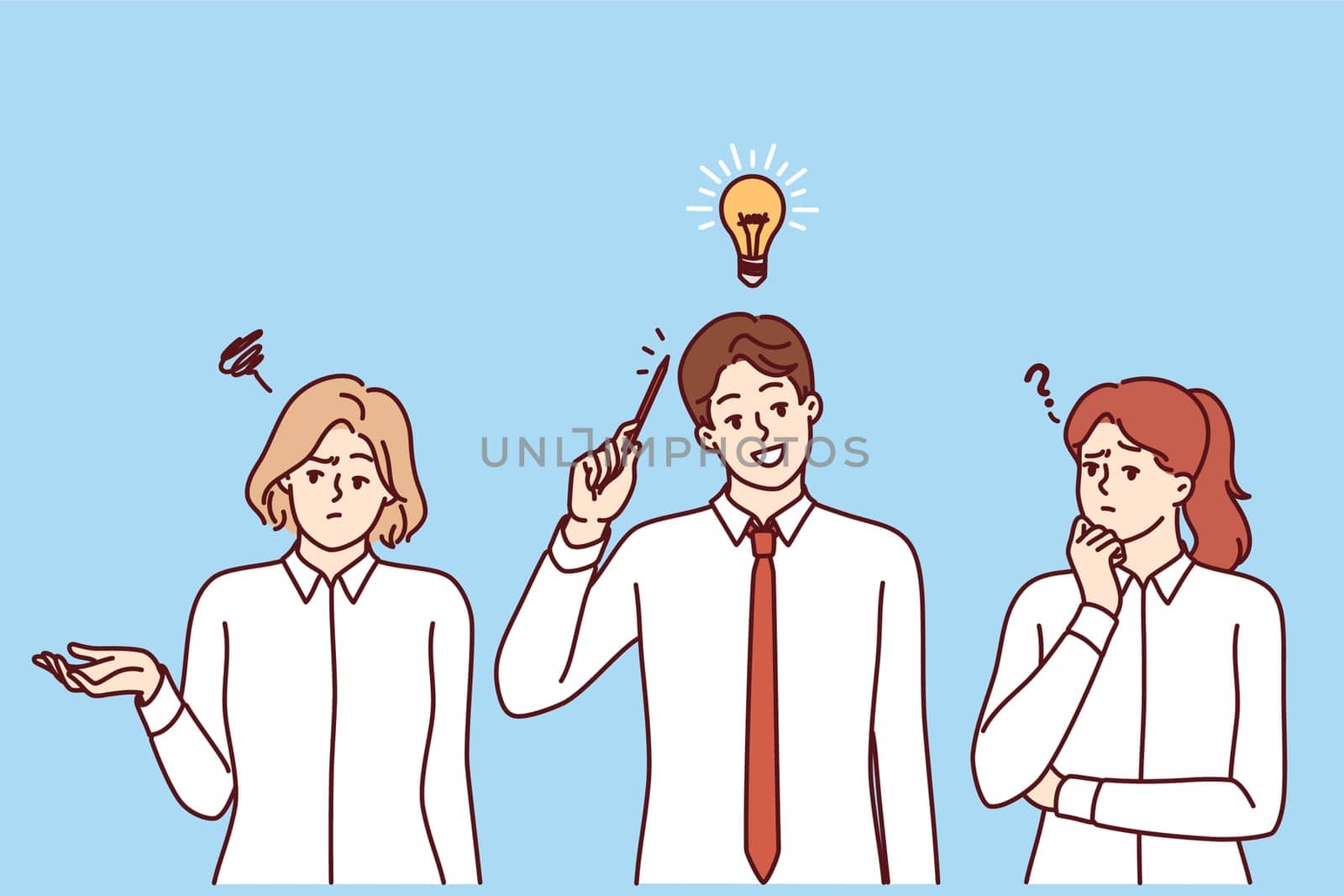 Joint brainstorming of business people coming up with idea to improve corporate processes and attract customers. Teamwork and brainstorming of man and two women working in marketing industry