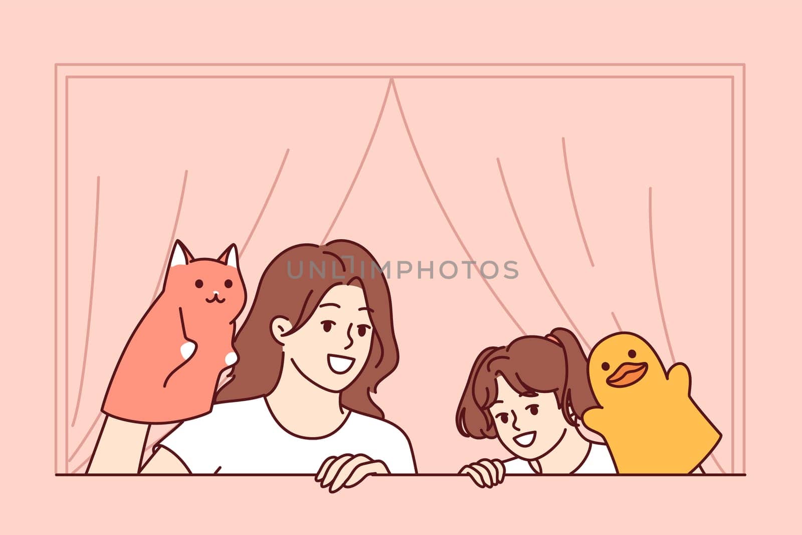 Home puppet theater from mother and daughter for family members or classmates of girl. Happy woman helps schoolgirl set up puppet theater and encourages child creative development.