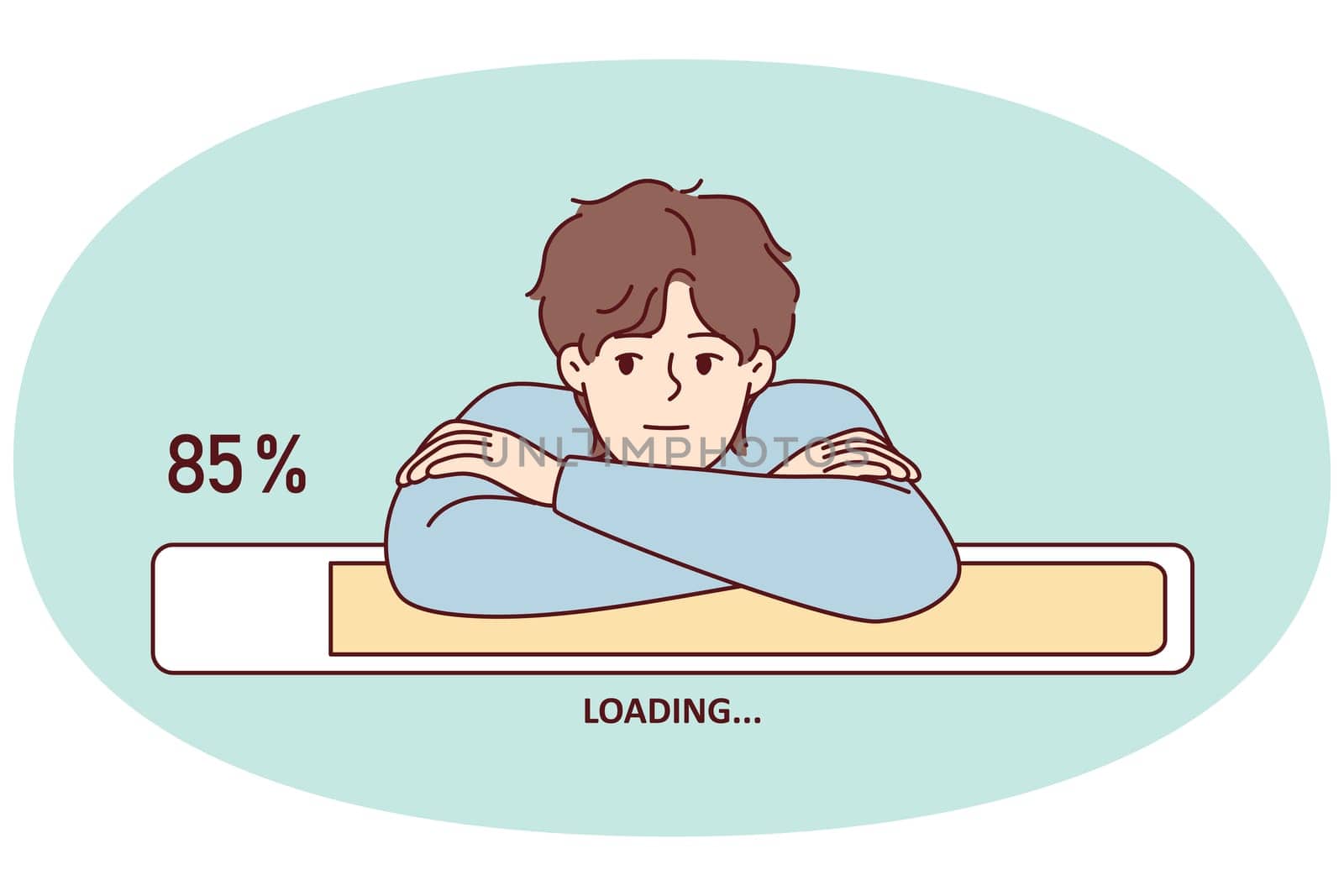 Bored man leaning on progress line loading waiting to download movie from internet. Guy put head in hands and patiently waits for completion of installation of game or software. Flat vector design